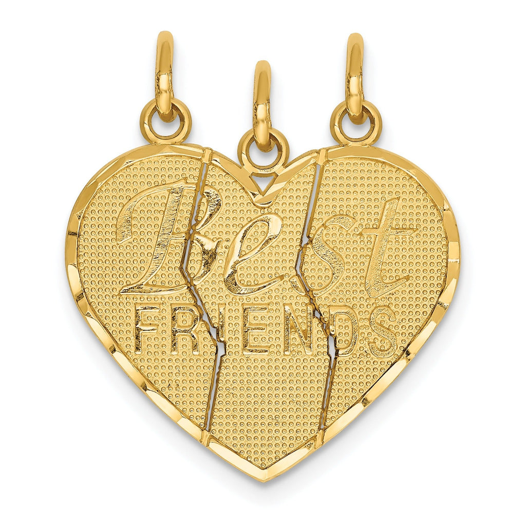 Gold heart-shaped best friends pendant with three segments and textured surface, FCJ Jewelry LLC