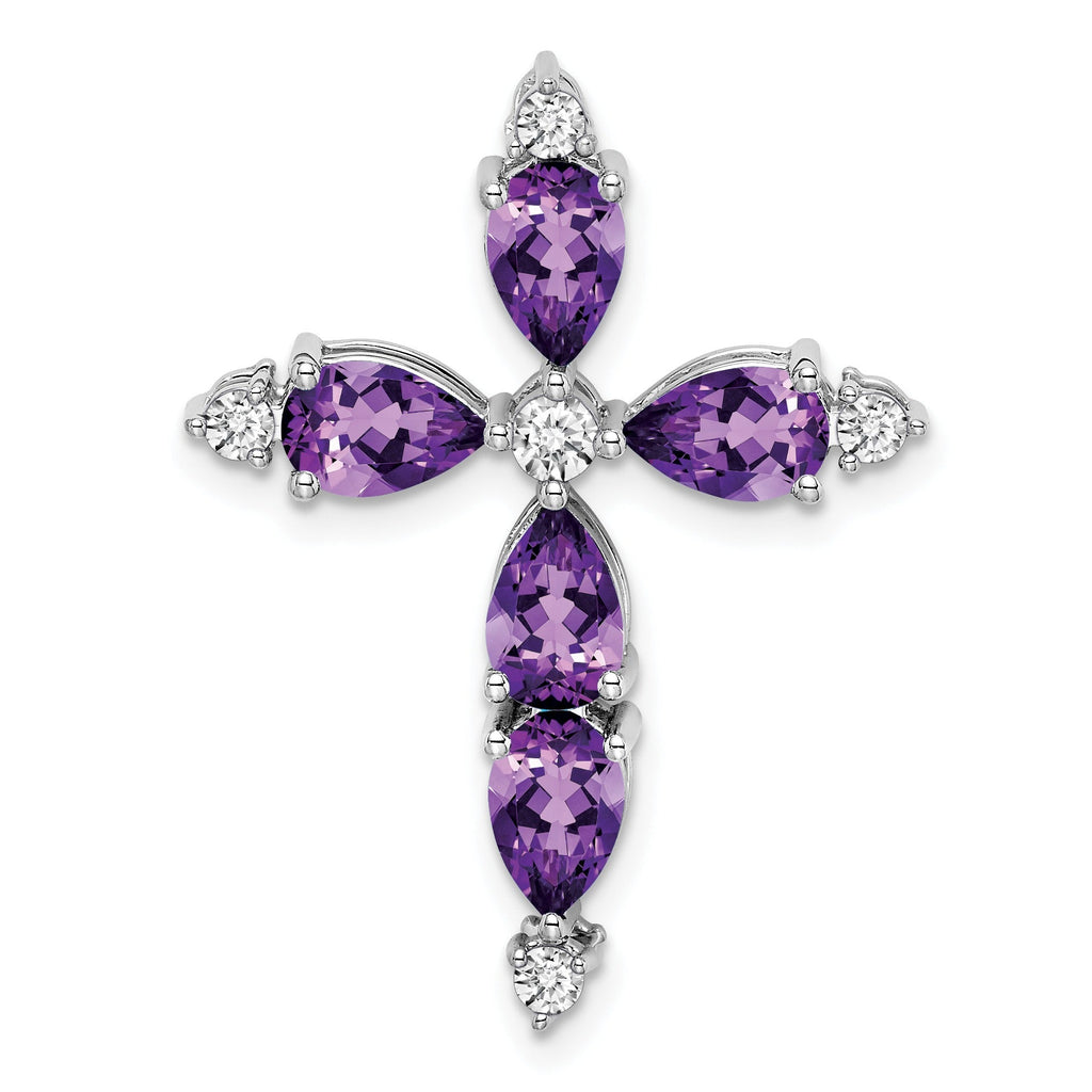 14k White Gold Natural Pear Amethyst Diamond Cross Pendant