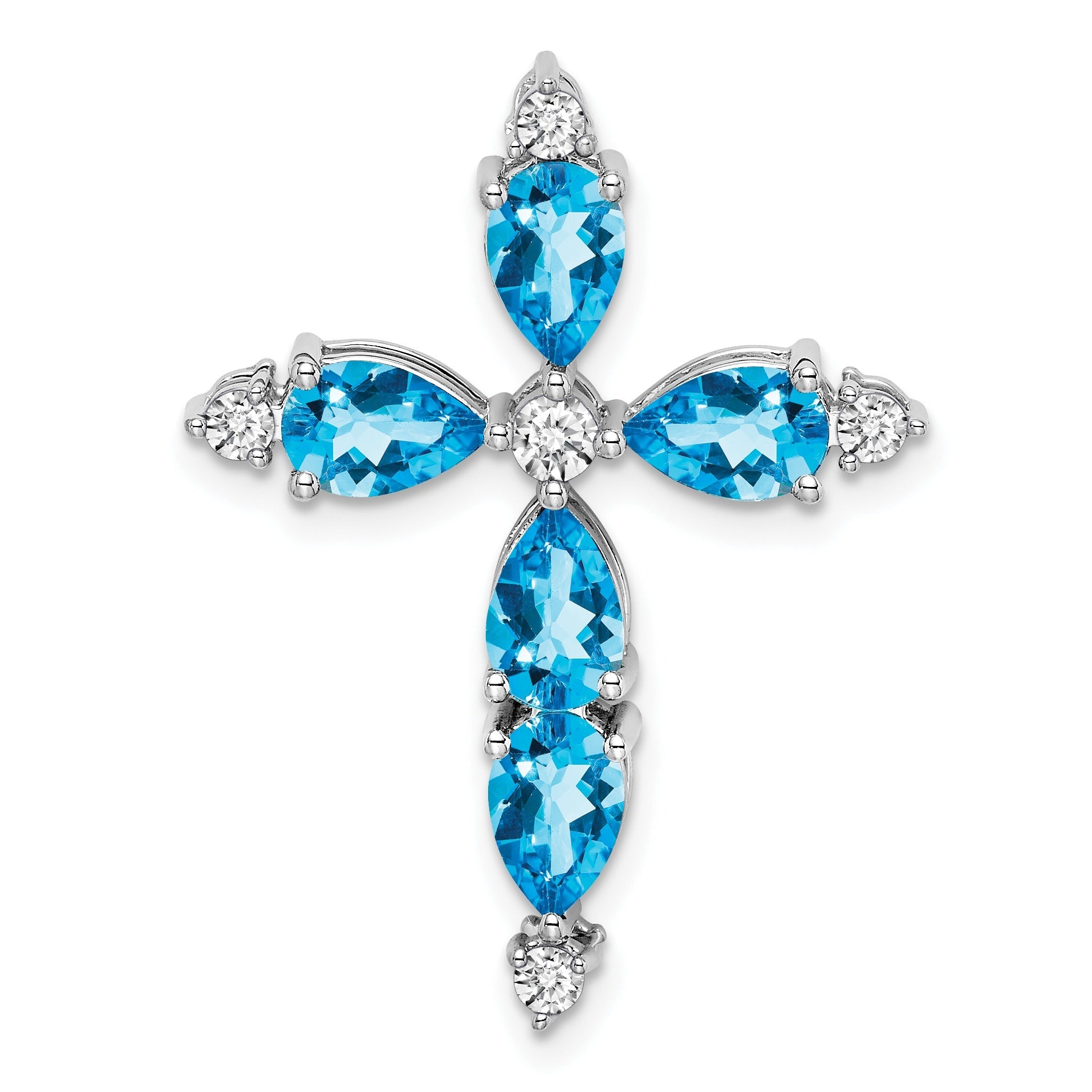 14k White Gold Natural Swiss Blue Topaz Diamond Cross Pendant