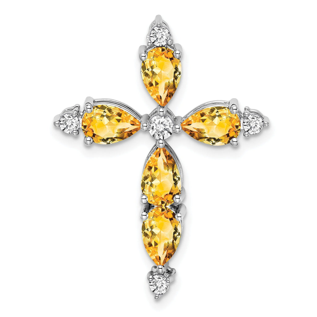 14k White Gold Natural Pear Yellow Citrine Diamond Cross Pendant