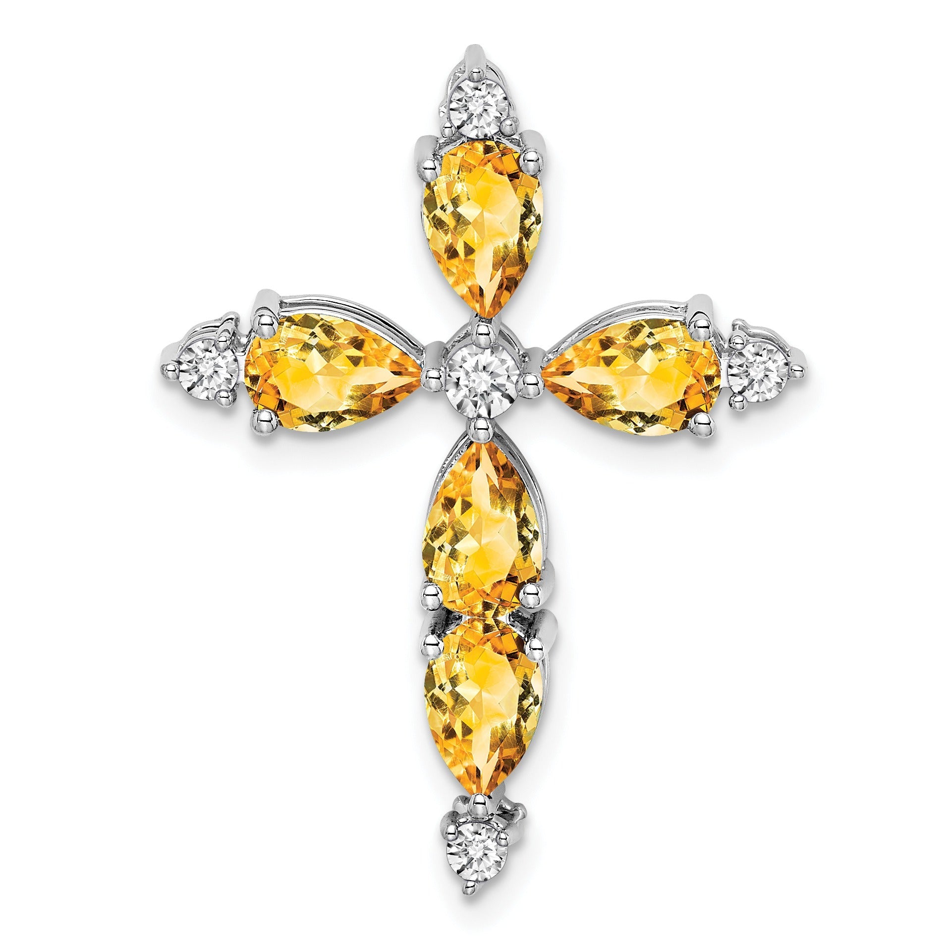 14k White Gold Natural Pear Yellow Citrine Diamond Cross Pendant