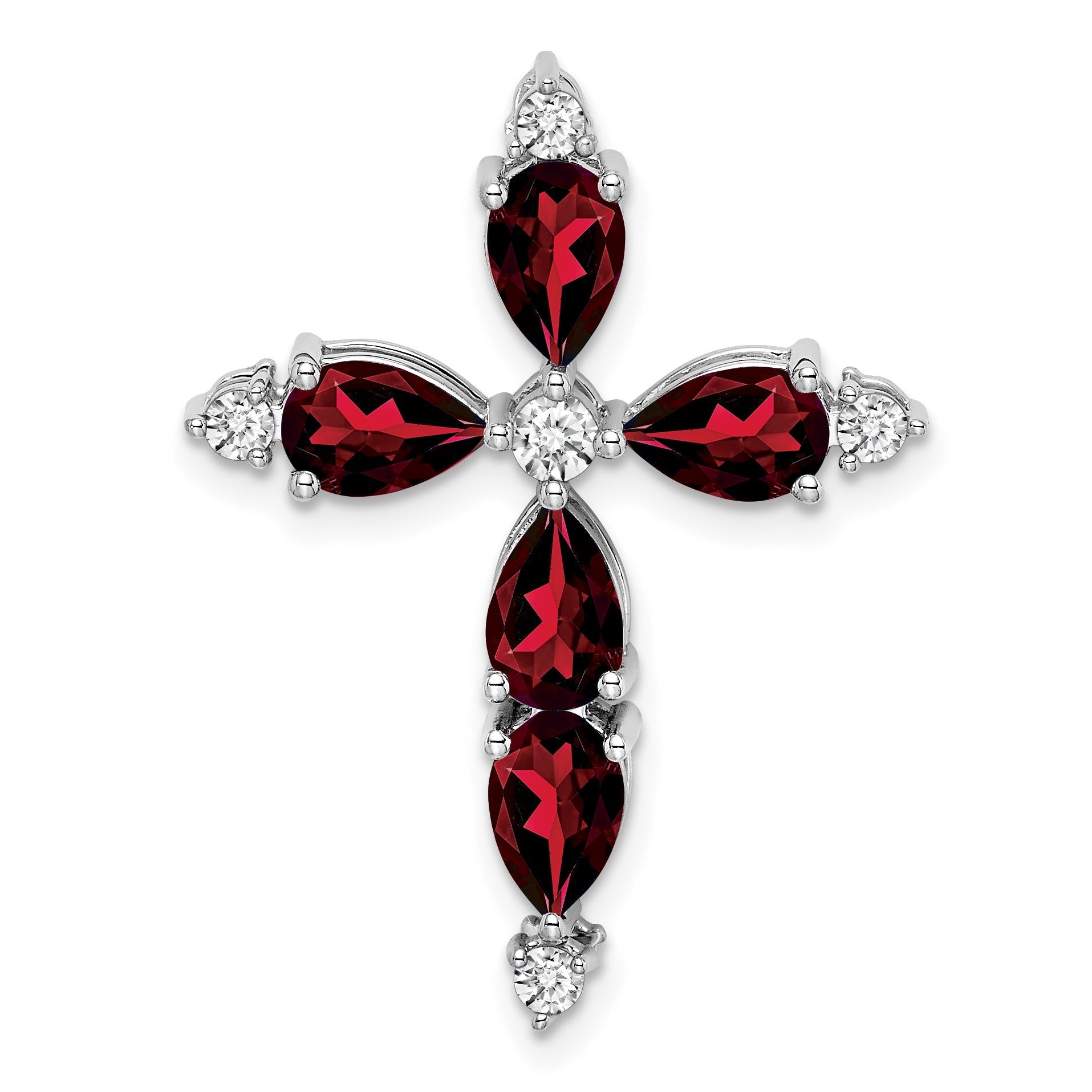 14k White Gold Natural Pear Garnet Diamond Cross Pendant