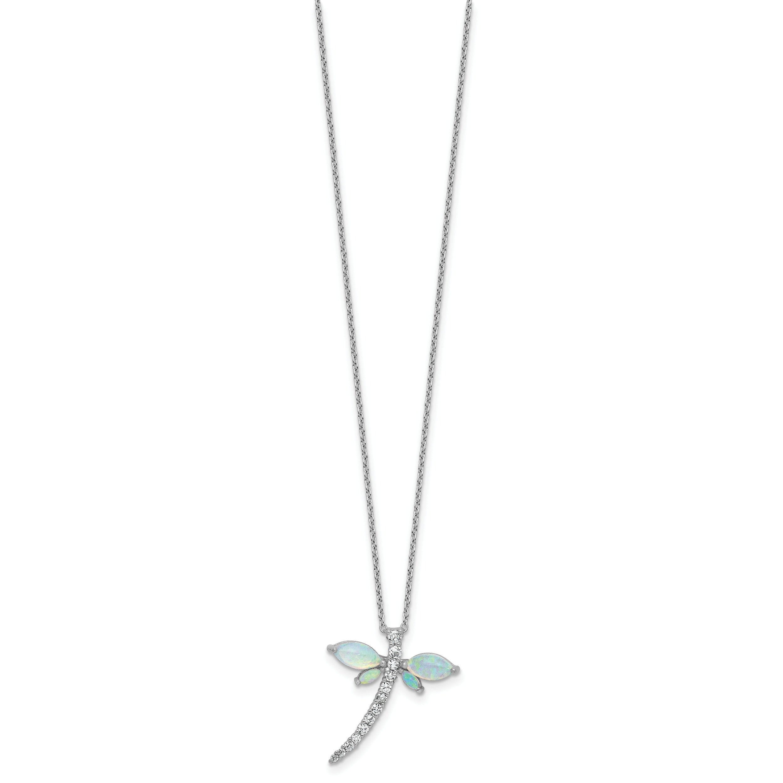 Silver dragonfly necklace with opal gemstone wings and diamonds, FCJ Jewelry LLC jewelry