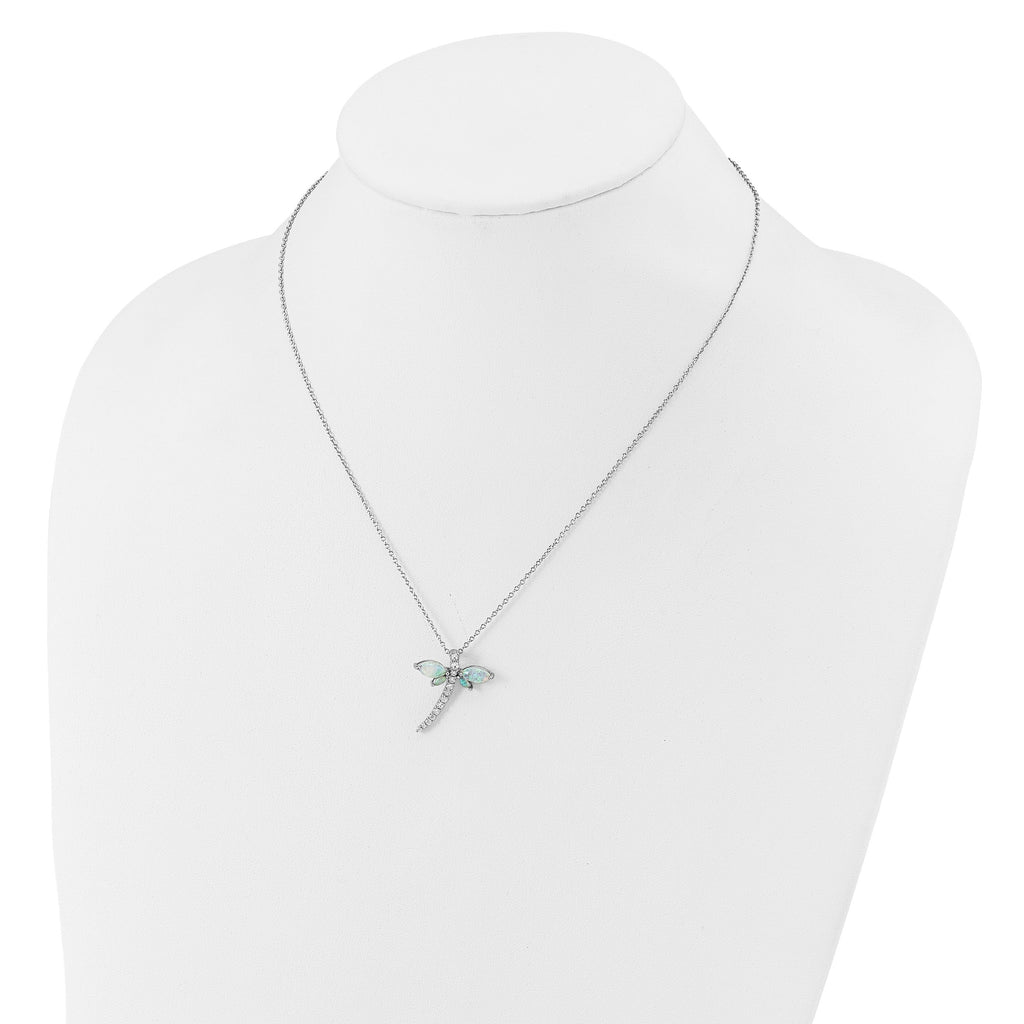 Lab Created Opal and CZ Dragonfly Necklace Sterling Silver