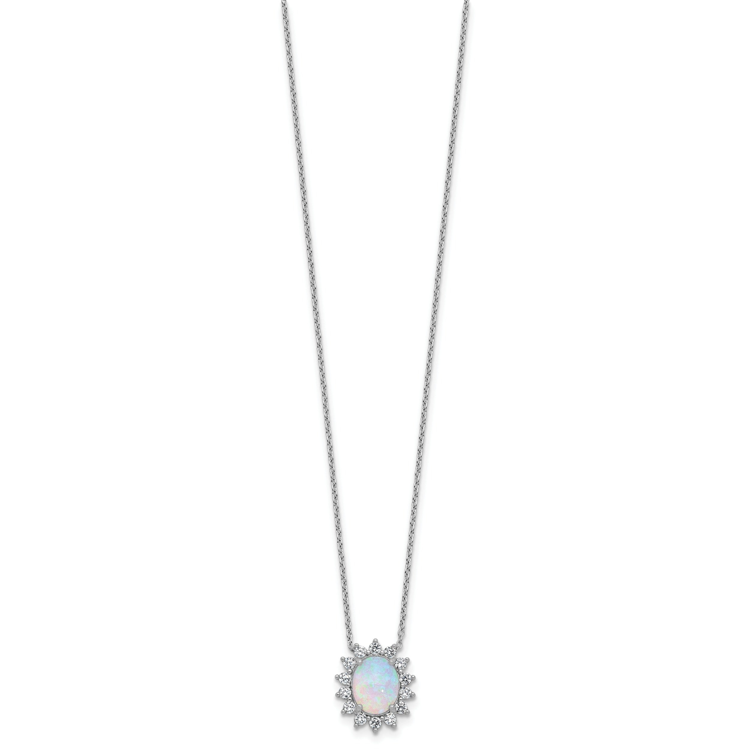 Opal and diamond halo pendant necklace in silver by FCJ Jewelry LLC on white background
