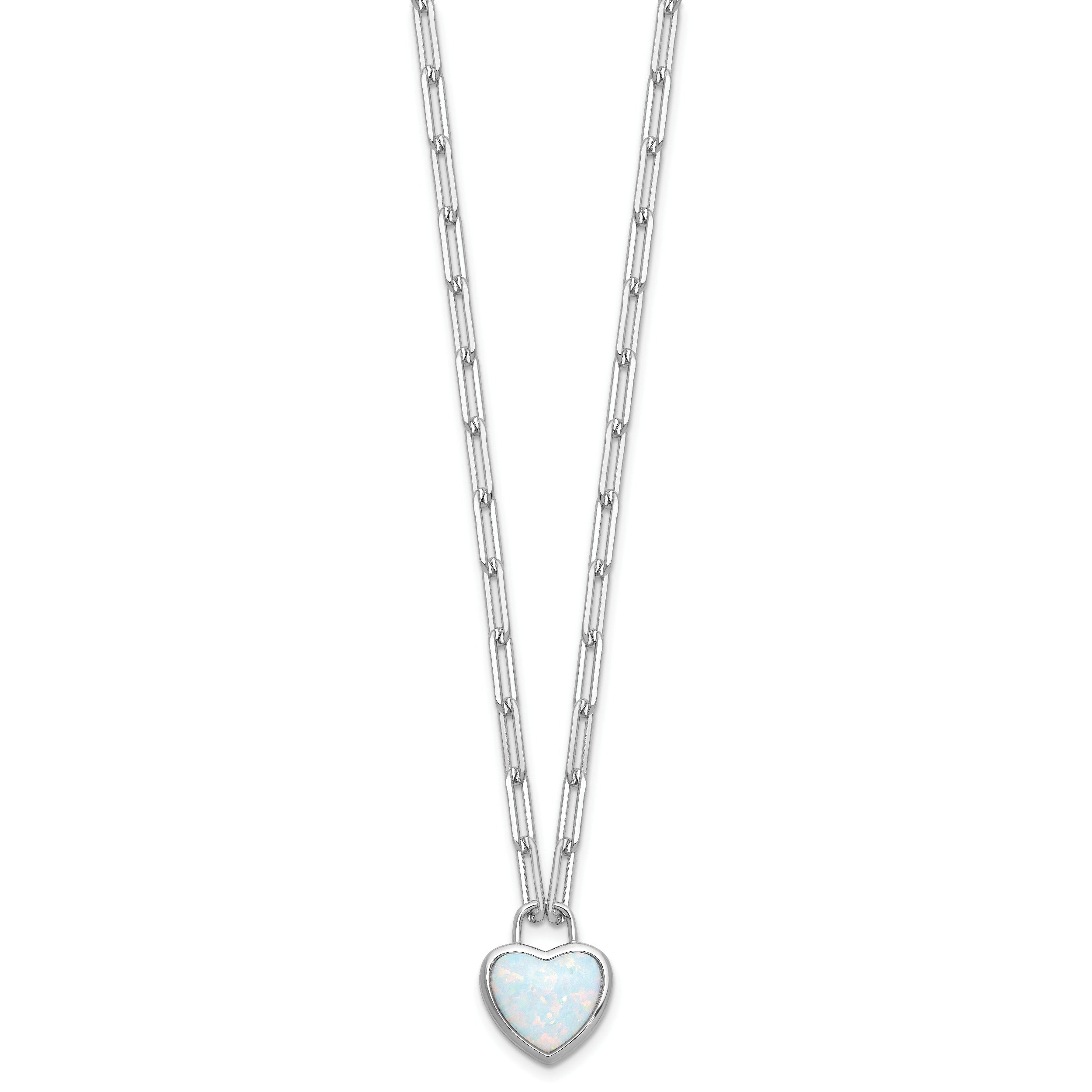 Sterling Silver Created Opal Heart Paperclip Link Necklace