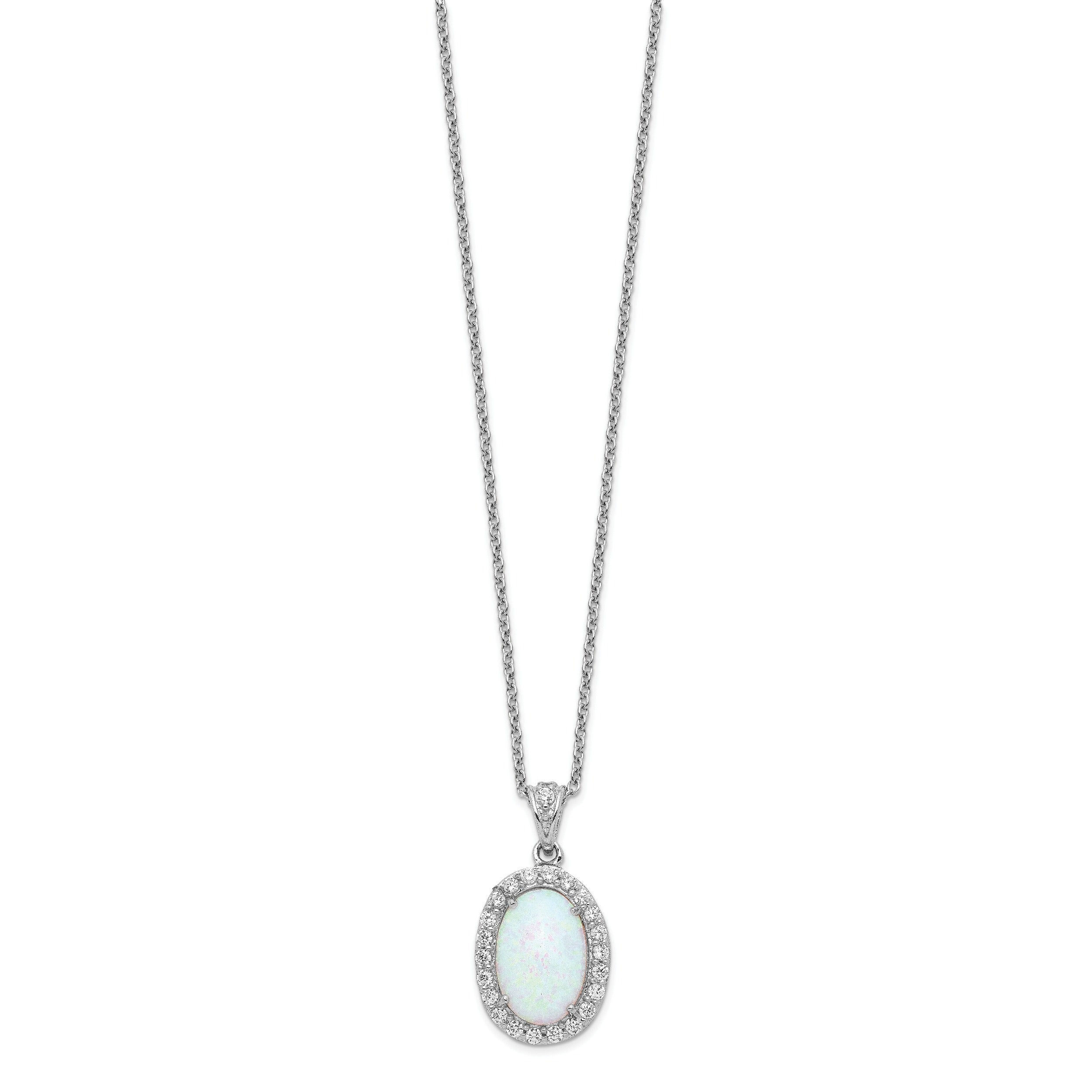 Sterling Silver Opal Oval Halo 18 Inch Cubic Zirconia Necklace