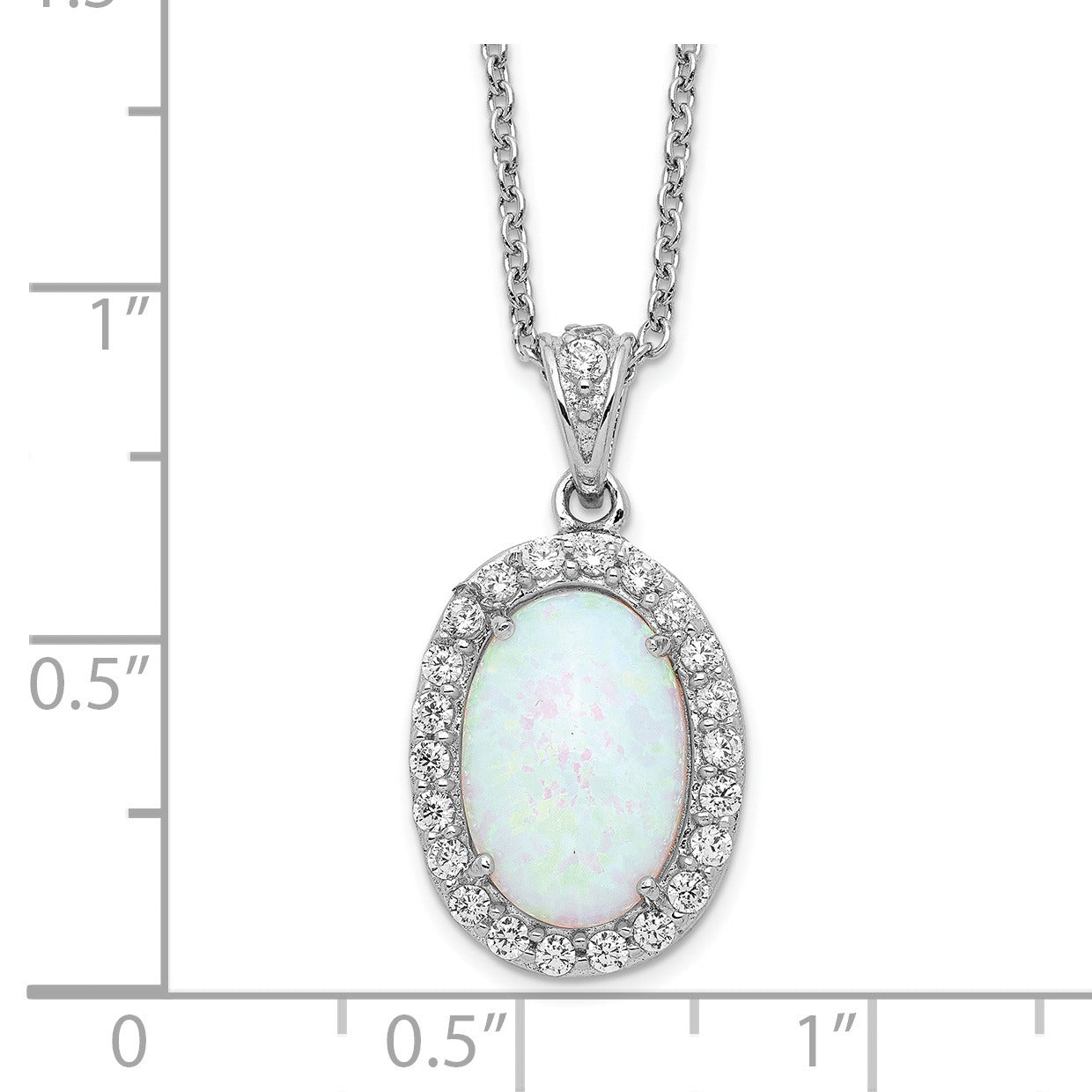 Sterling Silver Opal Oval Halo 18 Inch Cubic Zirconia Necklace