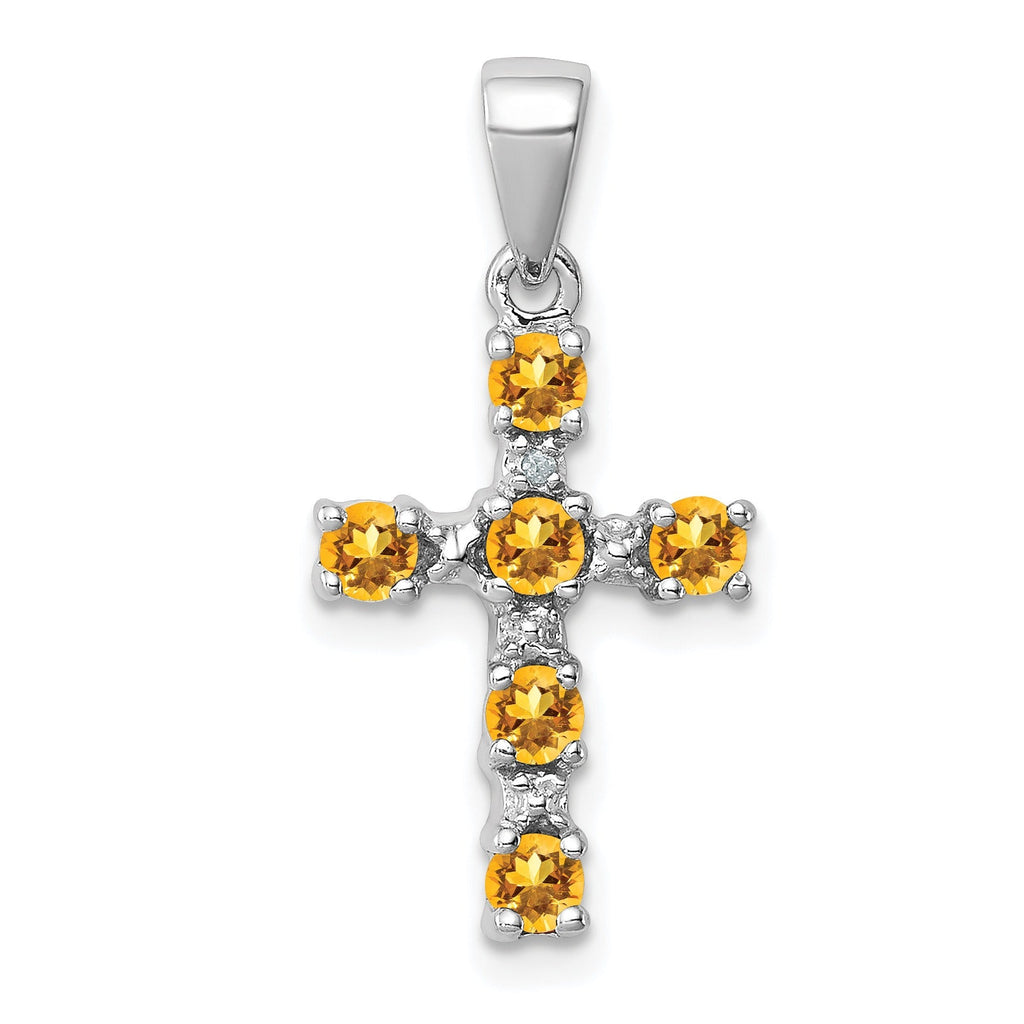 Sterling Silver Natural Citrine and Diamond Cross Pendant
