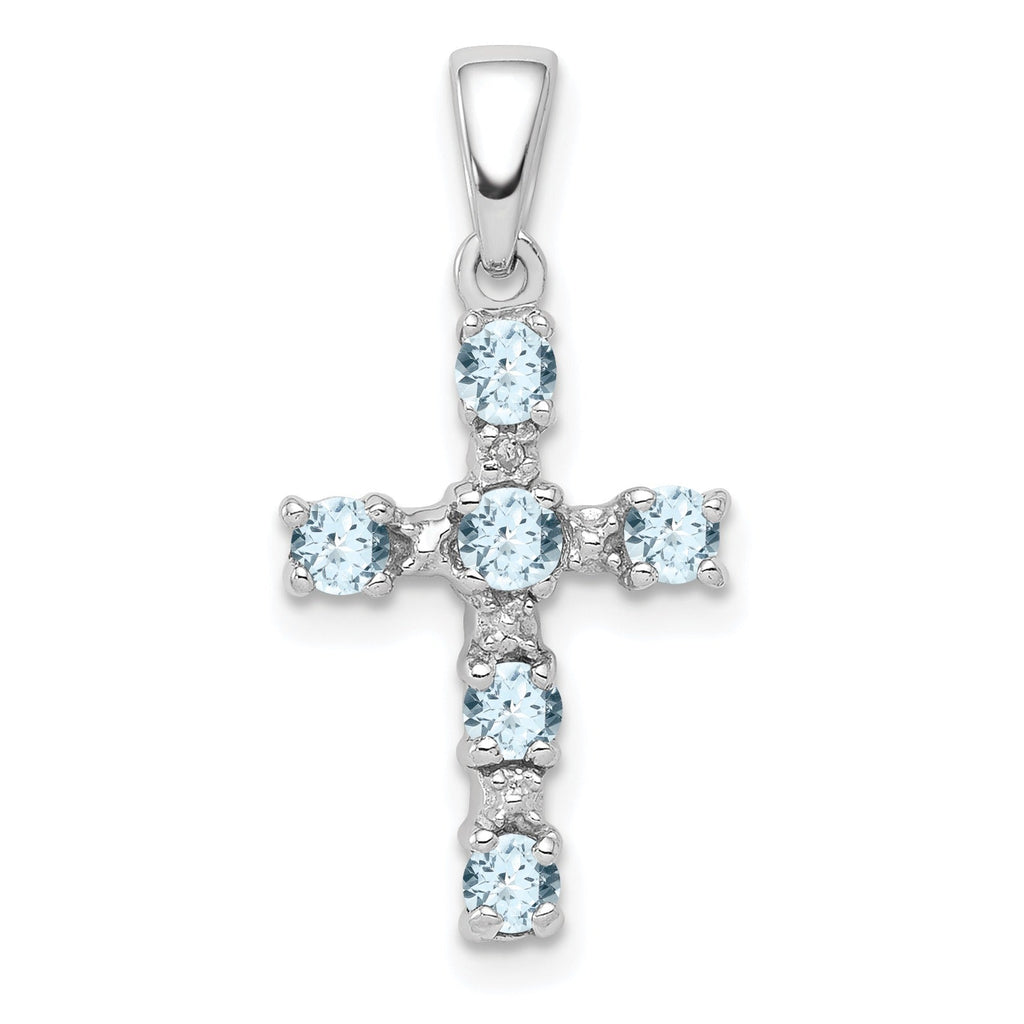 Sterling Silver Natural Blue Aquamarine and Diamond Cross Pendant