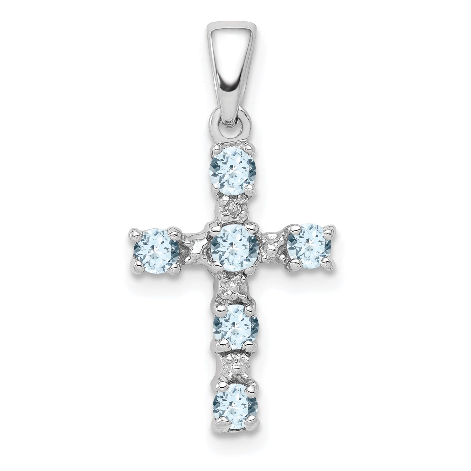 Sterling Silver Natural Blue Aquamarine and Diamond Cross Pendant