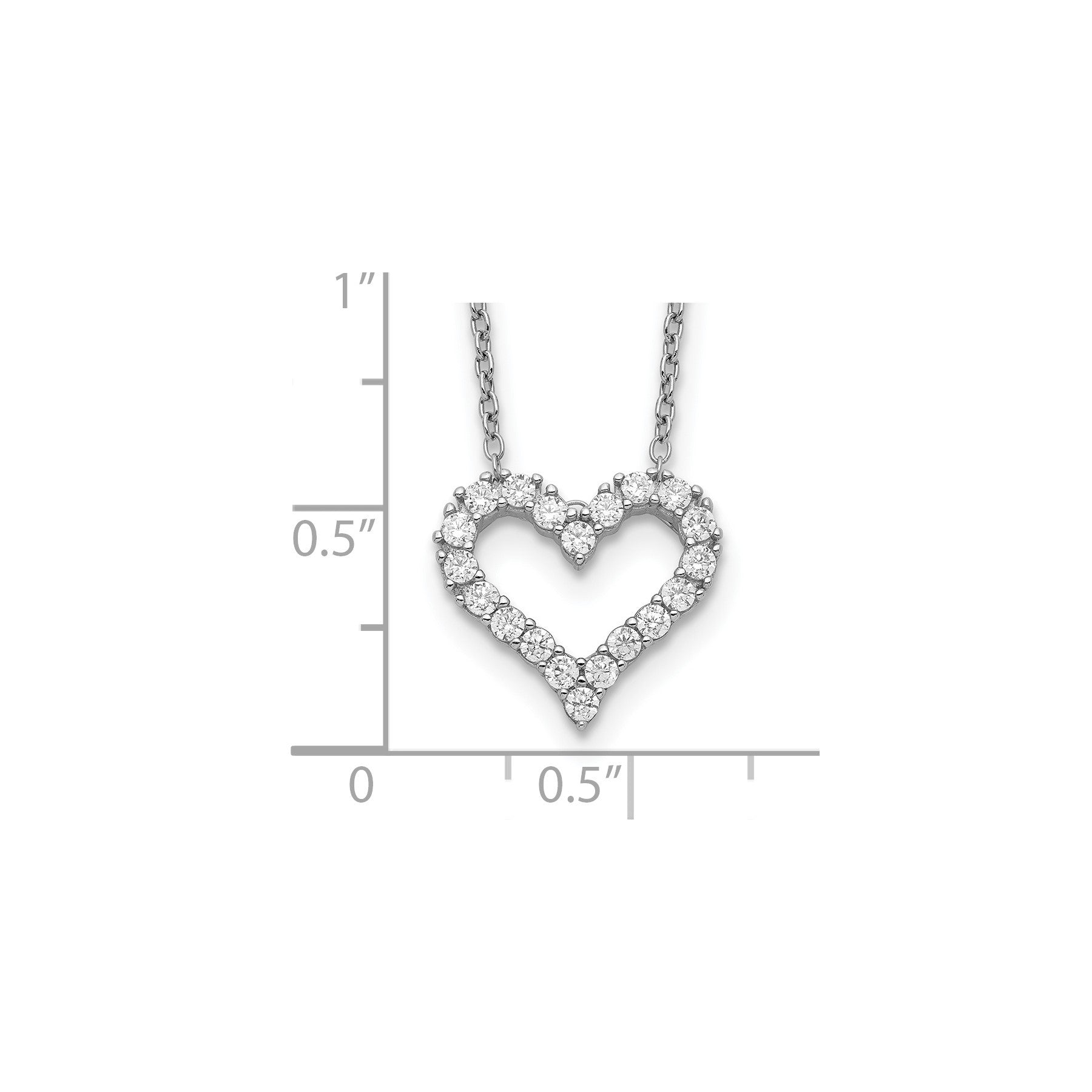 Diamond heart pendant necklace in white gold, FCJ Jewelry LLC, with size chart for scale