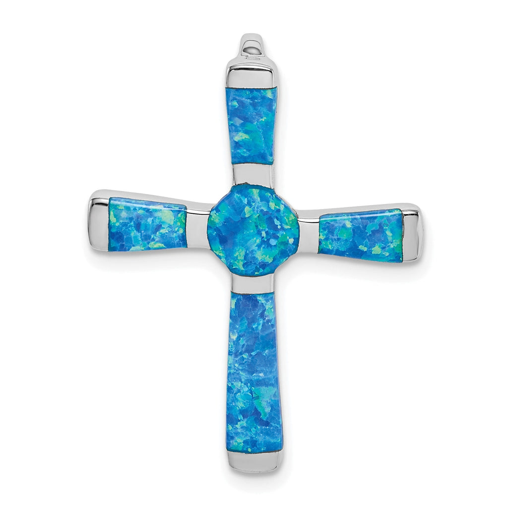 Silver Rhodium-plated Created Opal Cross Slide Pendant