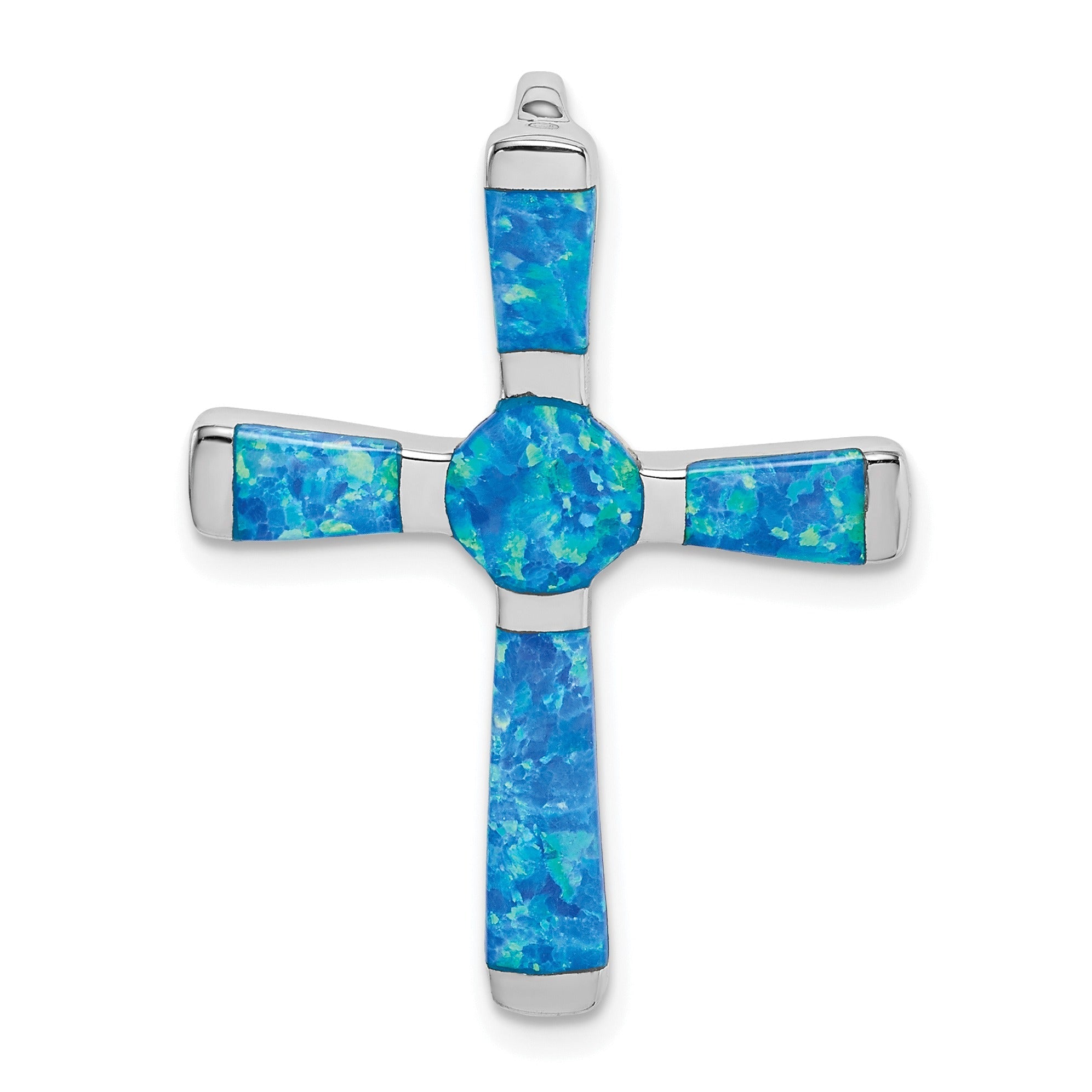 Silver Rhodium-plated Created Opal Cross Slide Pendant