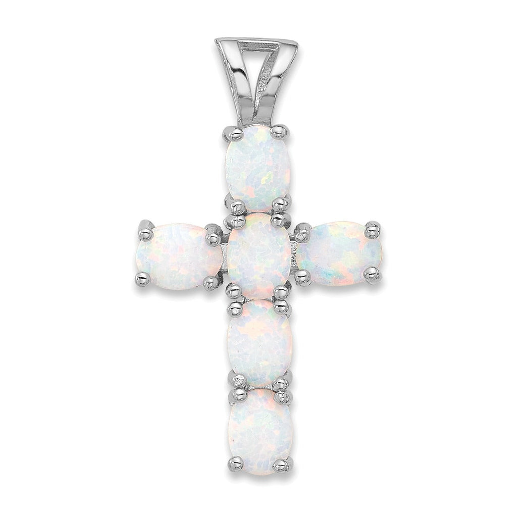 Silver Flash Platinum-plated Created Opal Cross Pendant