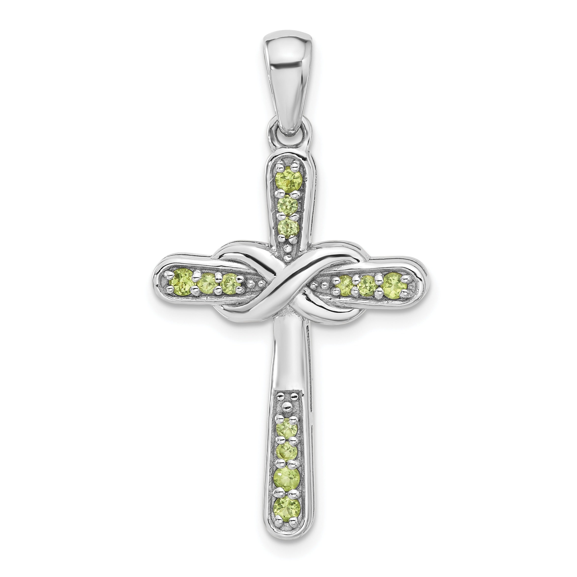 Silver Rhodium-plated Peridot Infinity Cross Pendant