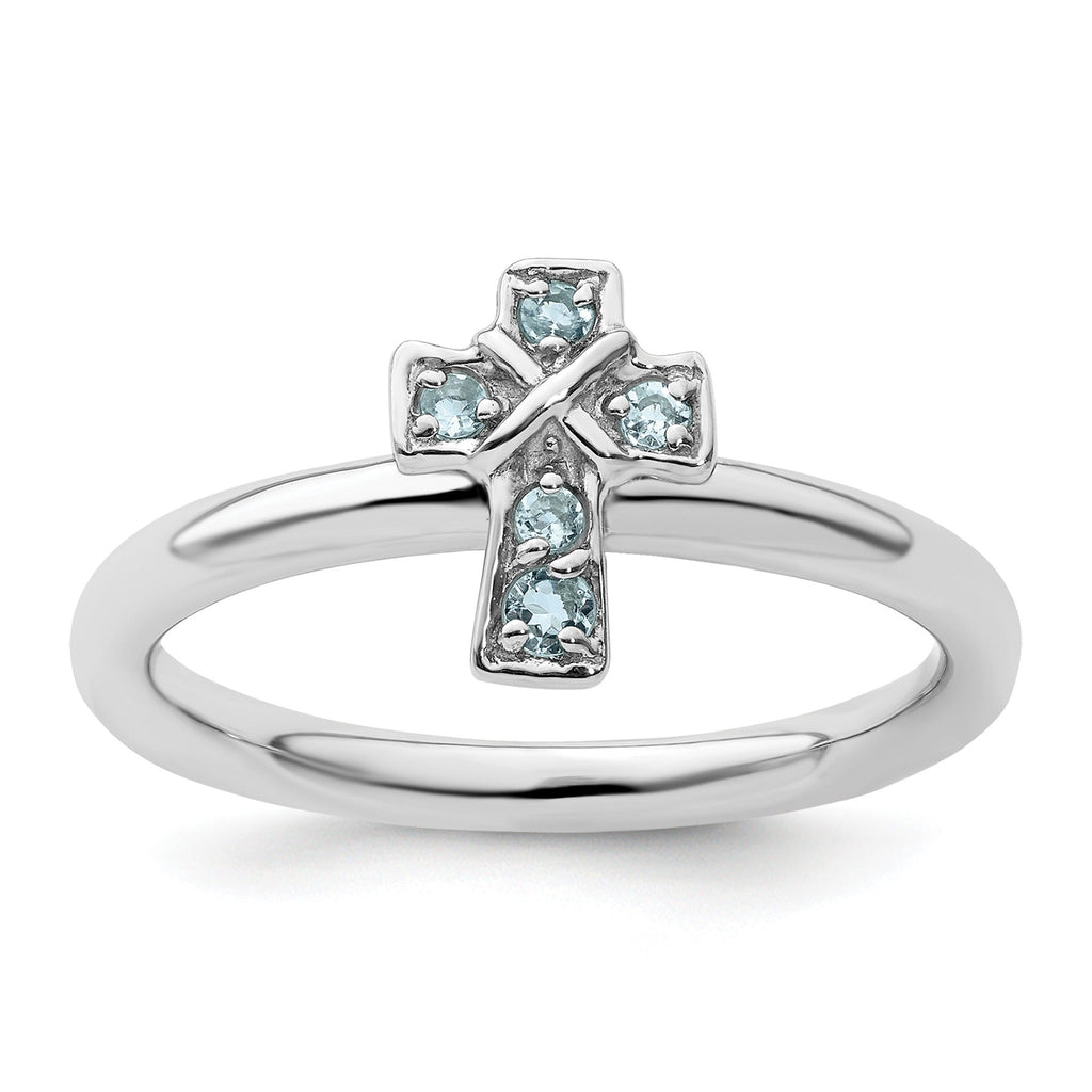 Natural Aquamarine Silver Stackable Cross Ring
