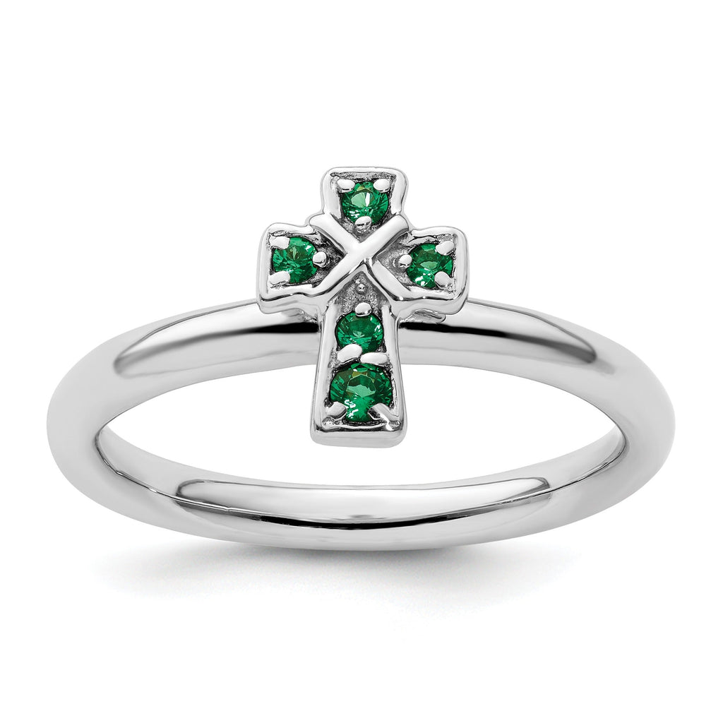 Lab Created Emerald Silver Stackable Cross Ring