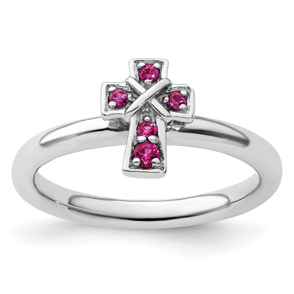 Lab Created Ruby Silver Stackable Cross Ring