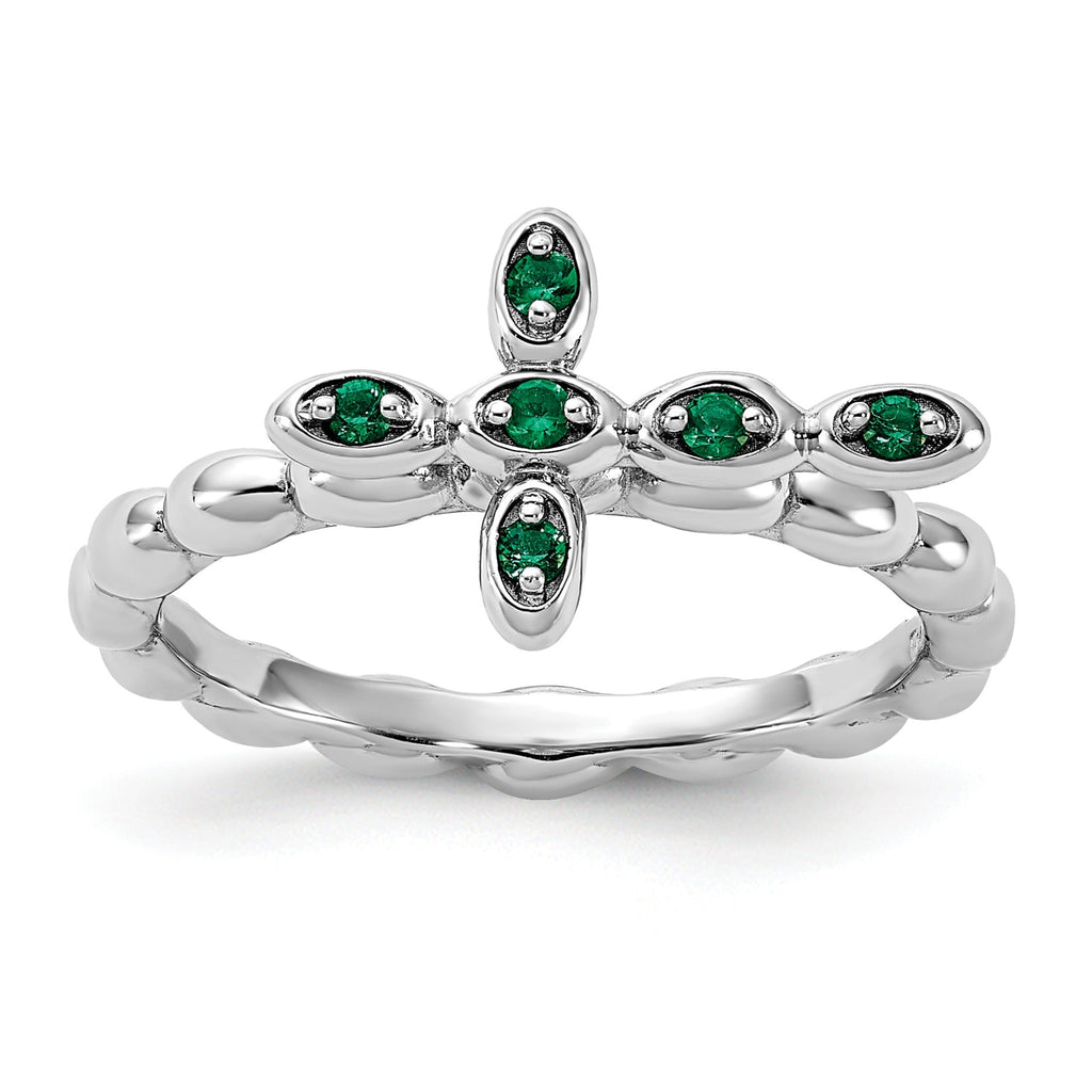 Silver Stackable Created Emerald Cross Ring