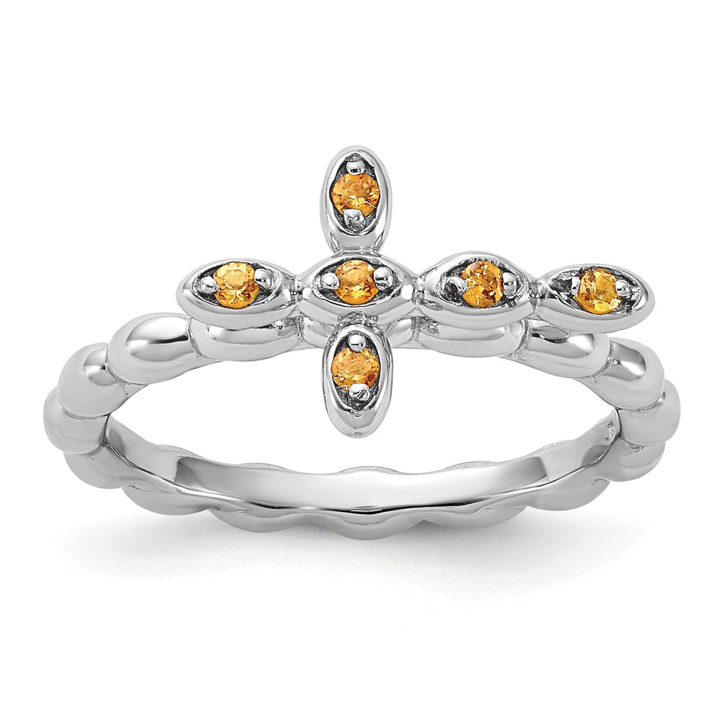 Silver Stackable Natural Yellow Citirine Cross Ring