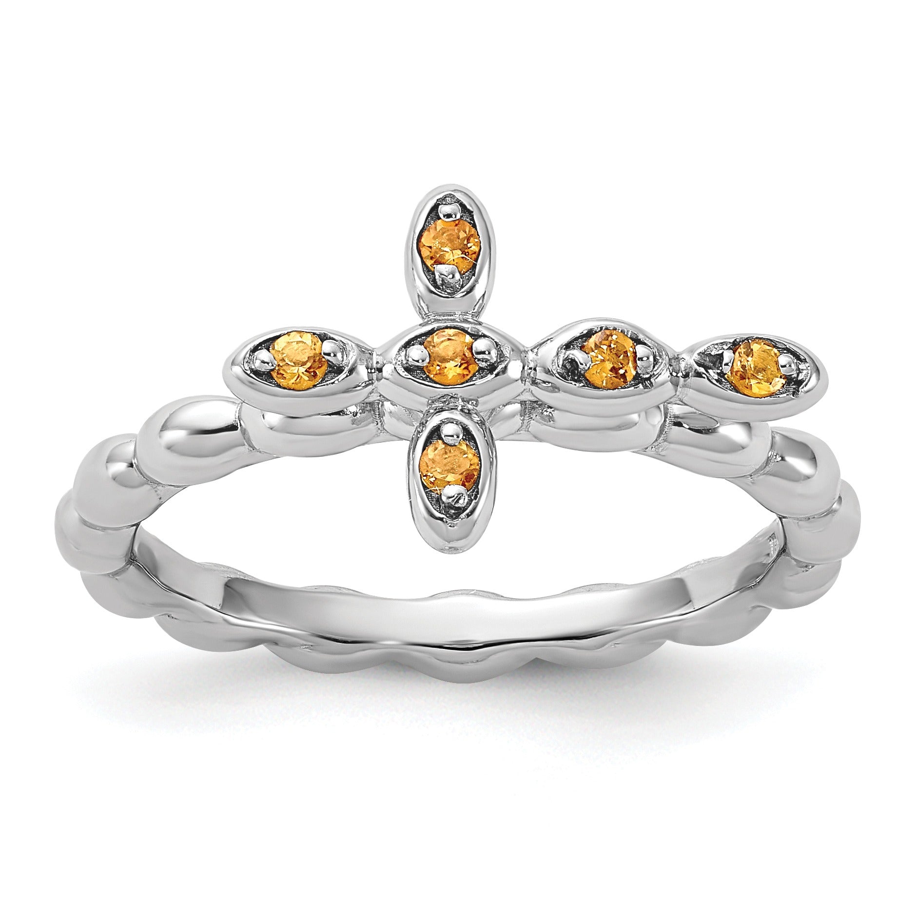 Silver Stackable Natural Yellow Citirine Cross Ring