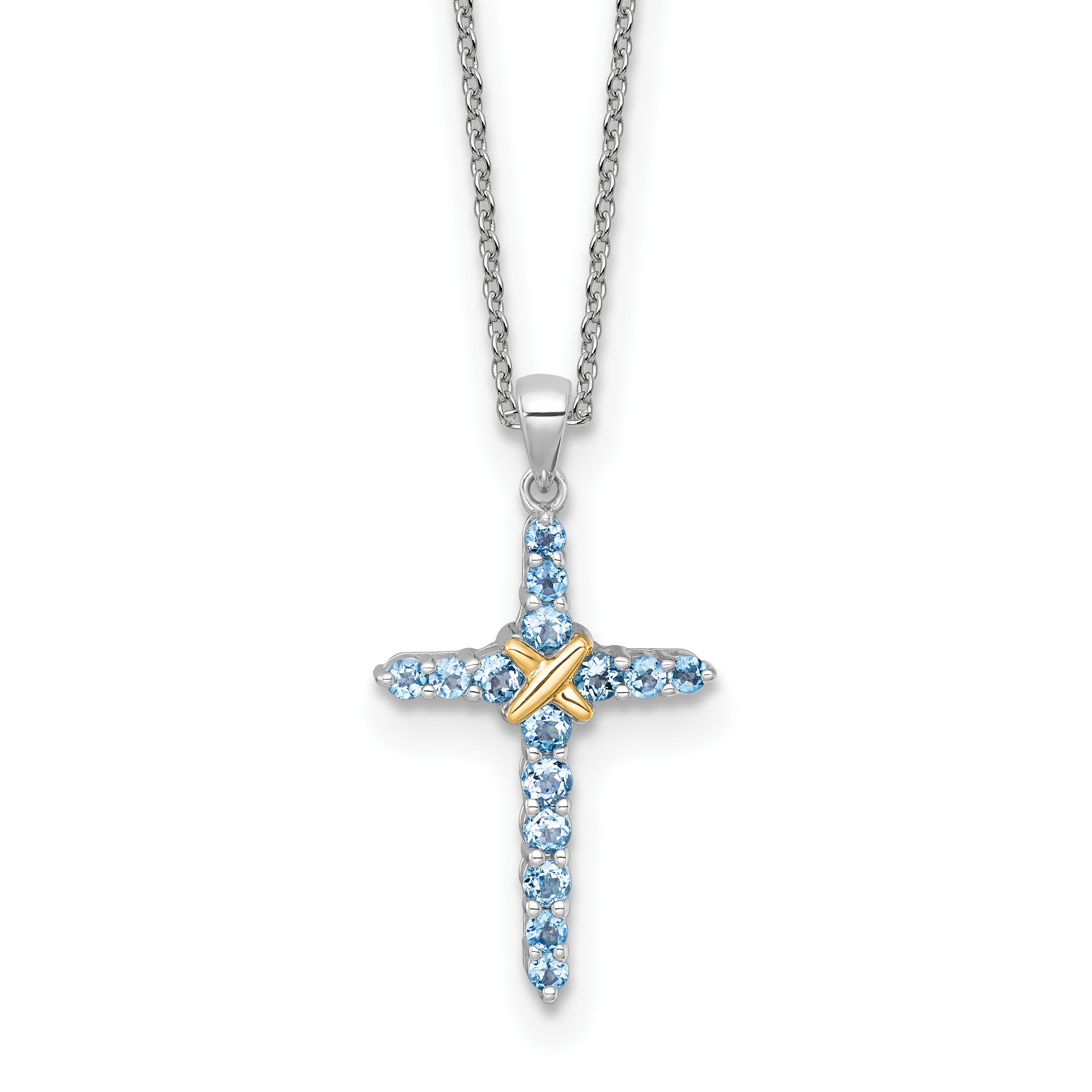 Natural Swiss Blue Topaz Cross Necklace Sterling Silver