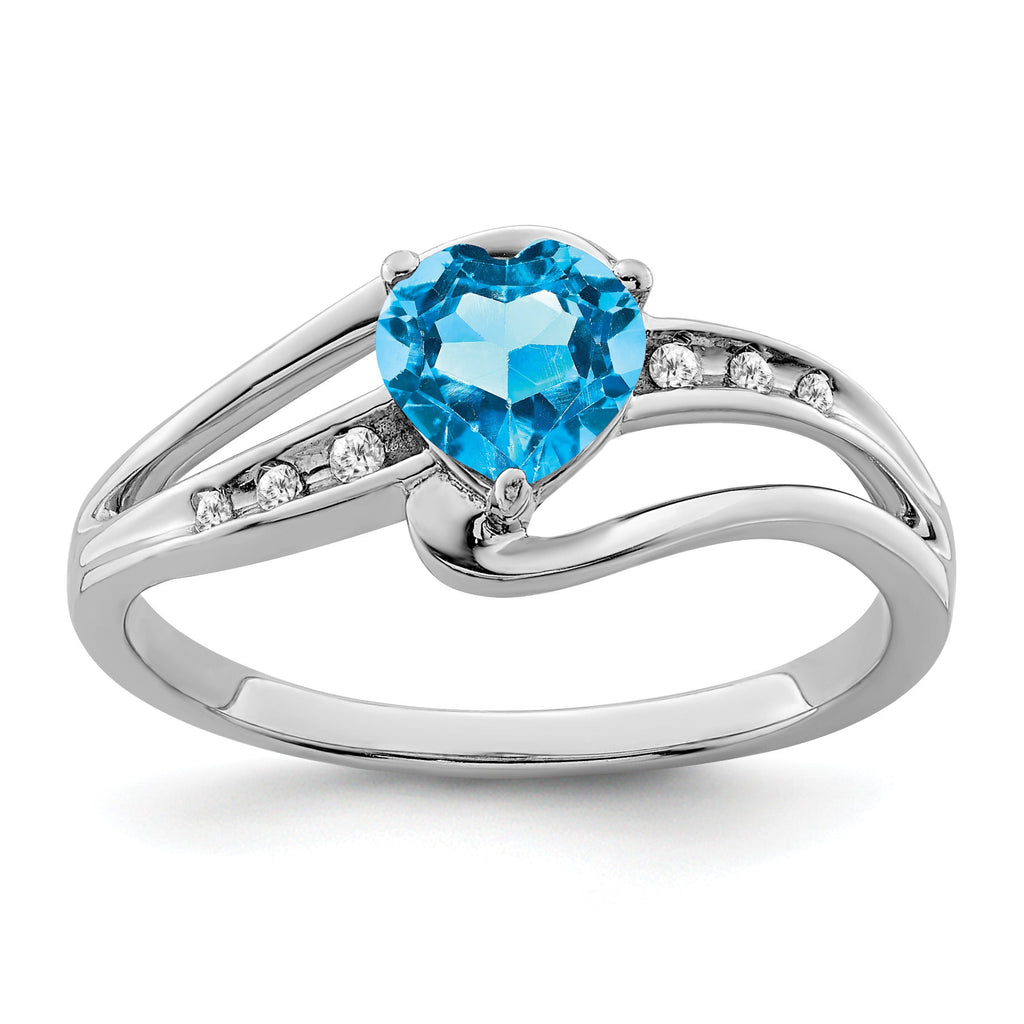 Heart-shaped blue gemstone and diamond silver ring, handcrafted fine color jewelry