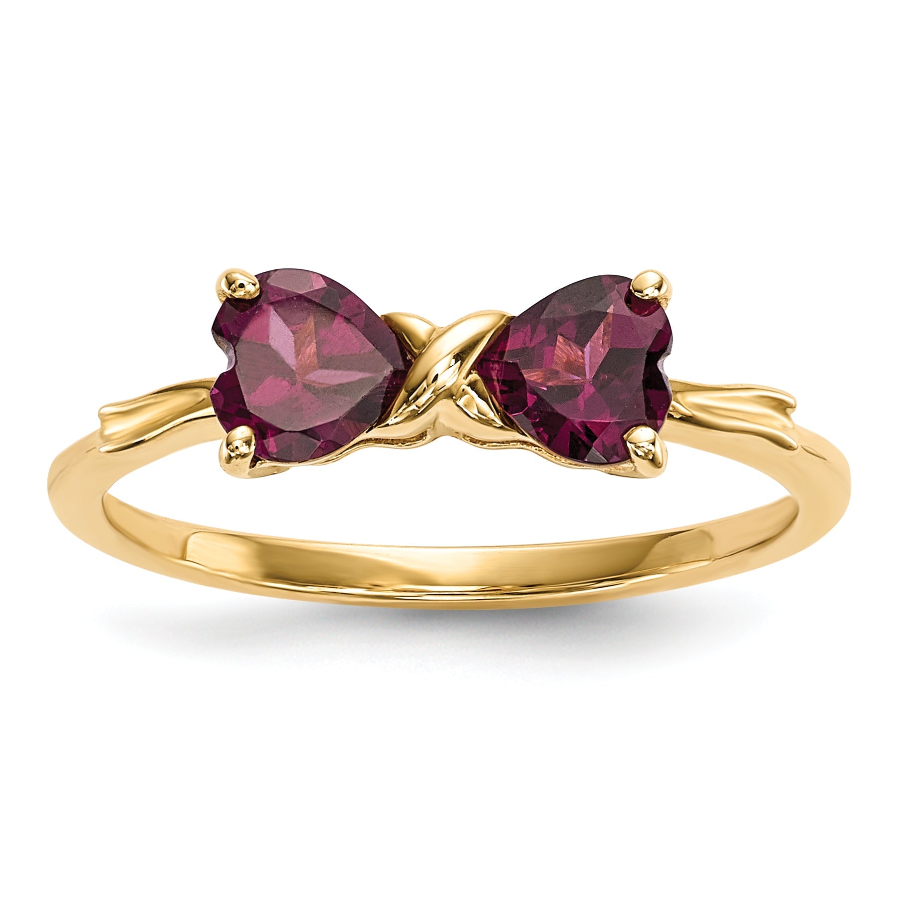 14k Yellow Gold Bow Dual Heart Birthstone Ring