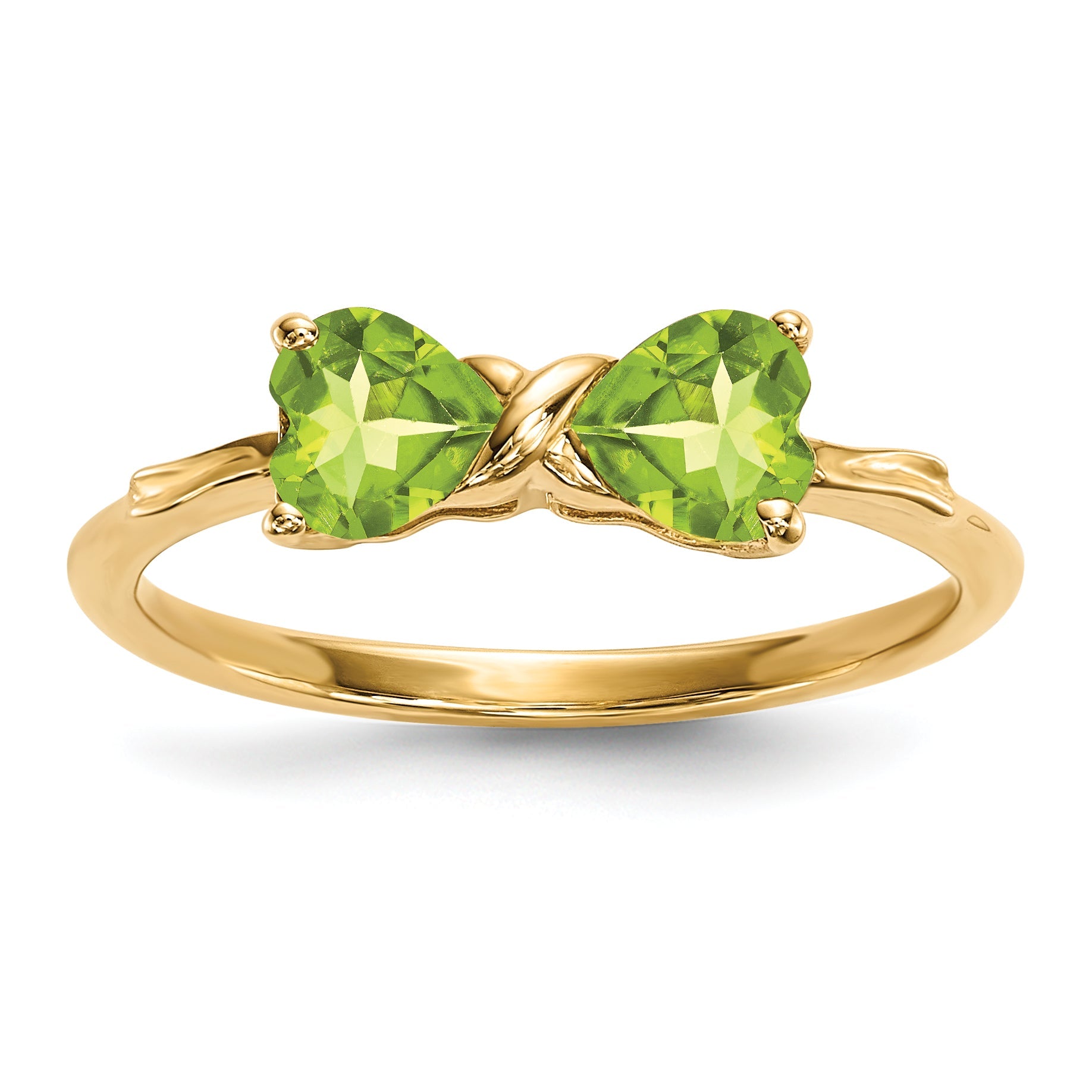 14k Yellow Gold Bow Dual Heart Birthstone Ring