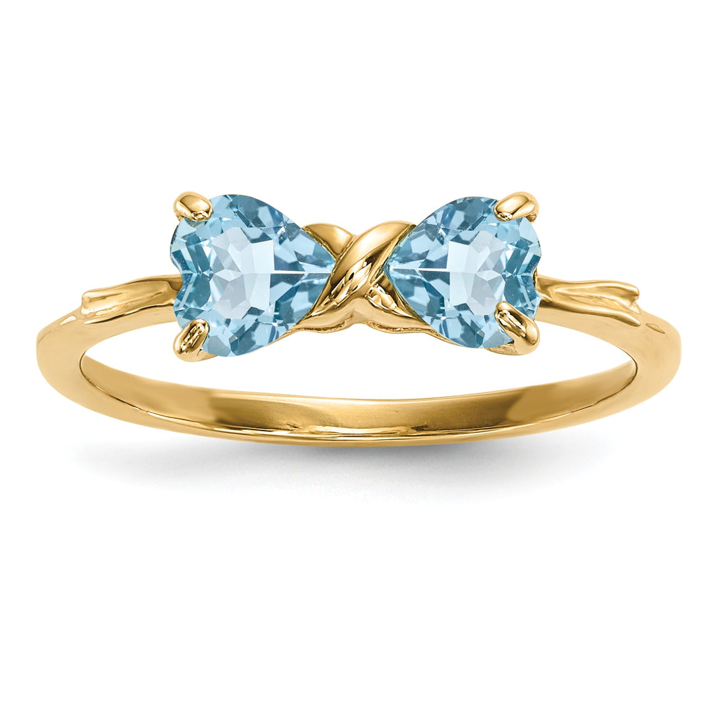 14k Yellow Gold Bow Dual Heart Birthstone Ring