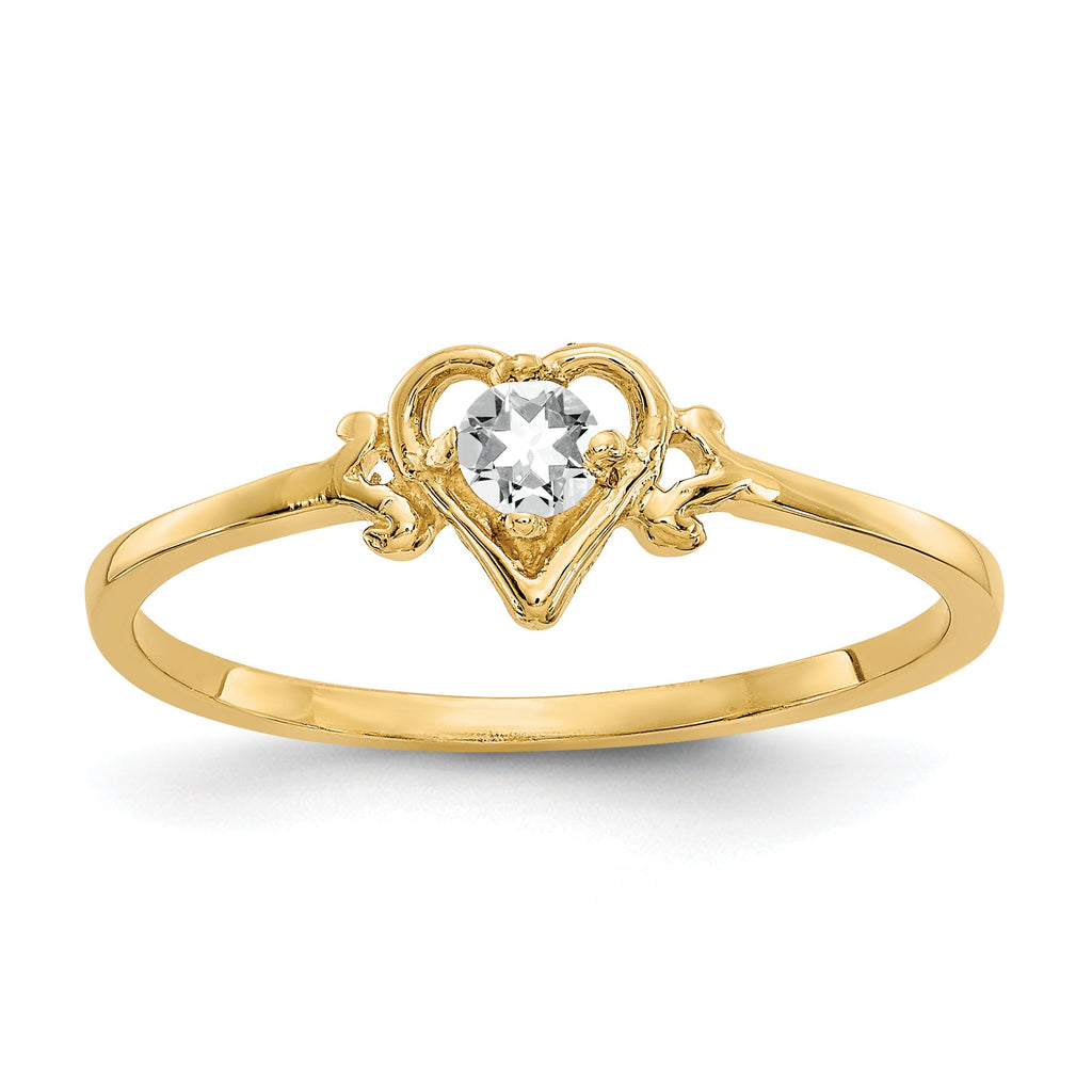 10K Yellow Gold White Topaz Birthstone Heart Ring