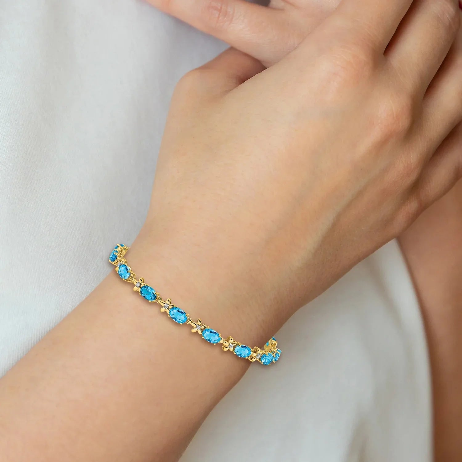 Genuine Swiss Blue Topaz 14K Gold Floral Bracelet