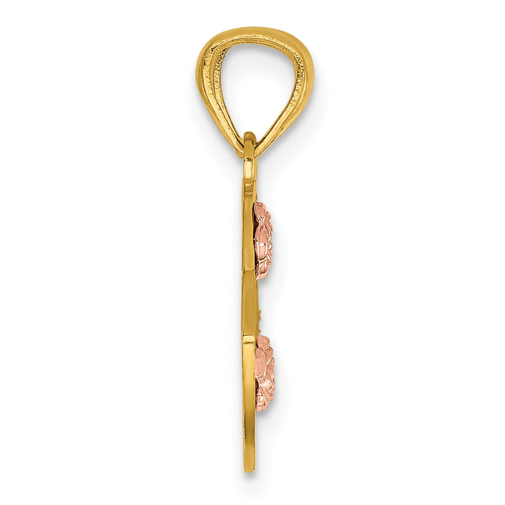 Side view of two-tone gold and rose gold pendant, fine handcrafted jewelry
