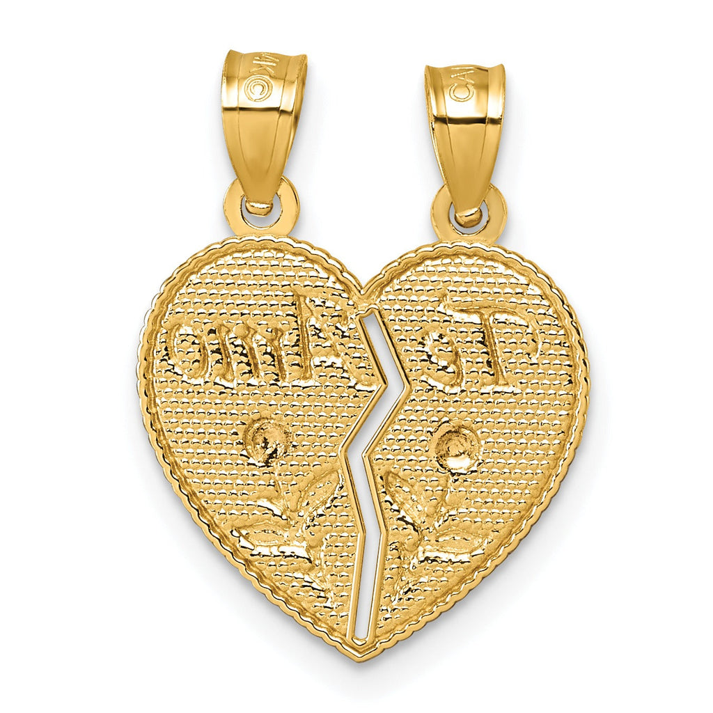 Textured gold heart pendant with split design and engraved floral details, FCJ Jewelry LLC