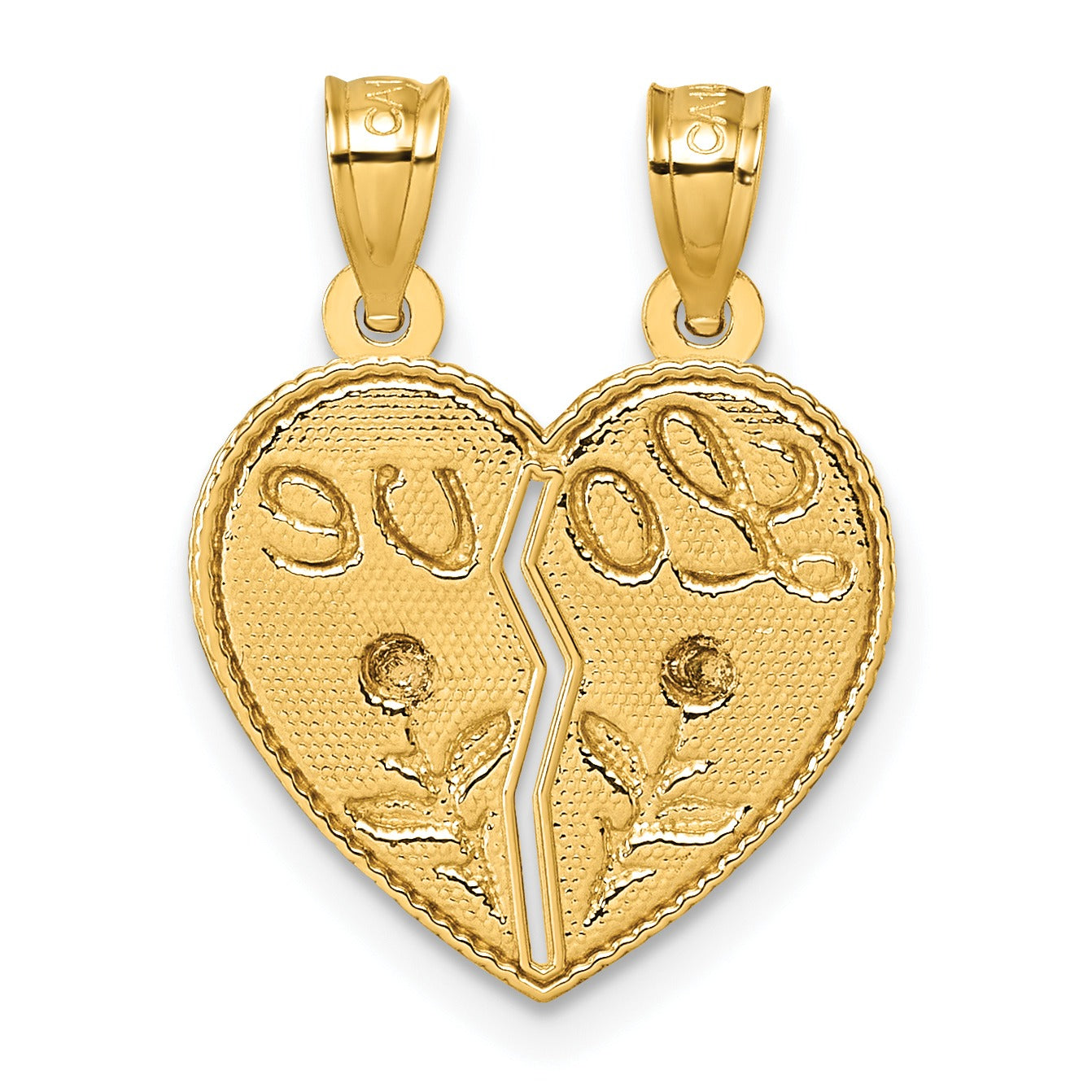 Gold heart-shaped broken pendant with 'Love' inscription and floral details from FCJ Jewelry LLC.