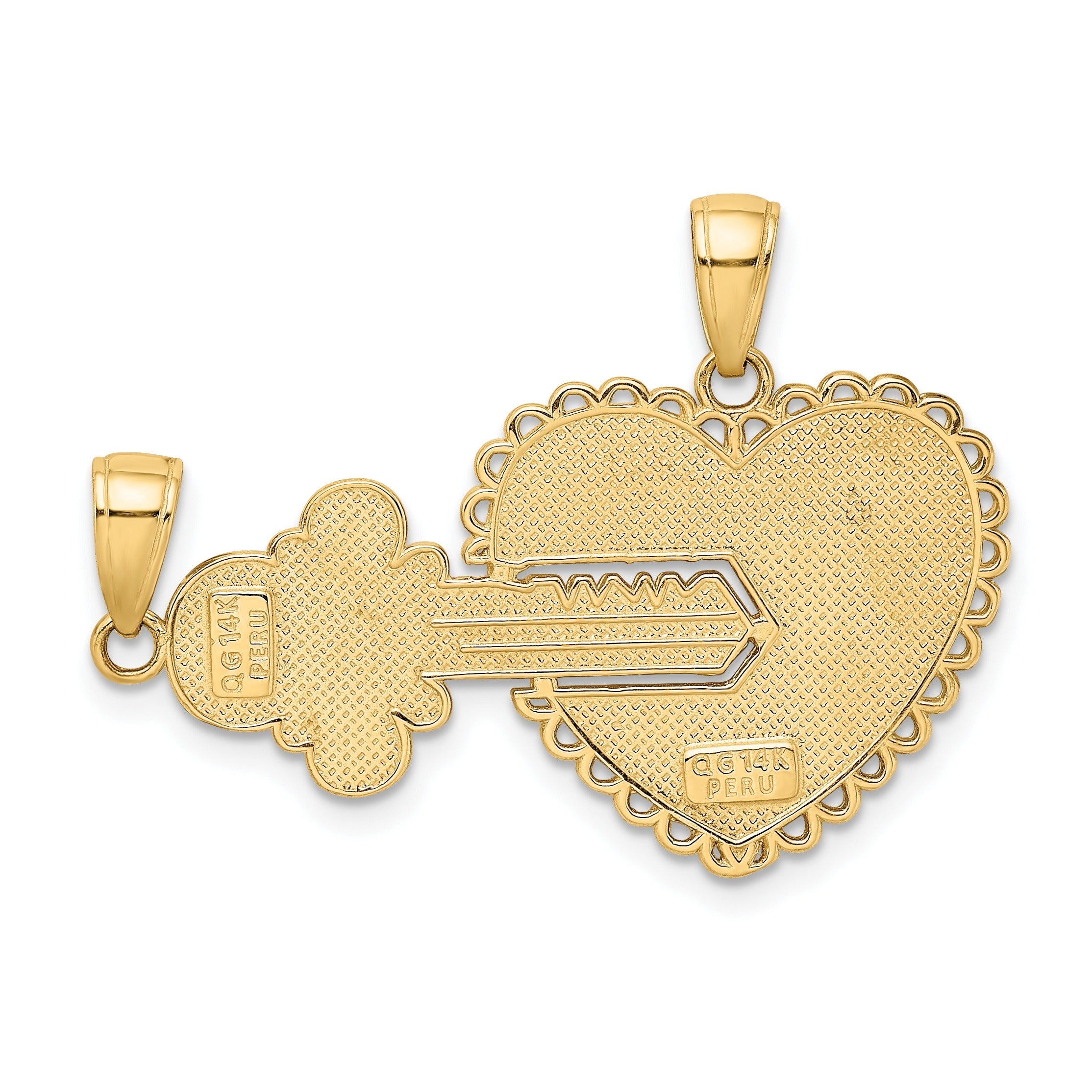 14k gold key and heart pendant set, textured finish, FCJ Jewelry LLC handcrafted jewelry