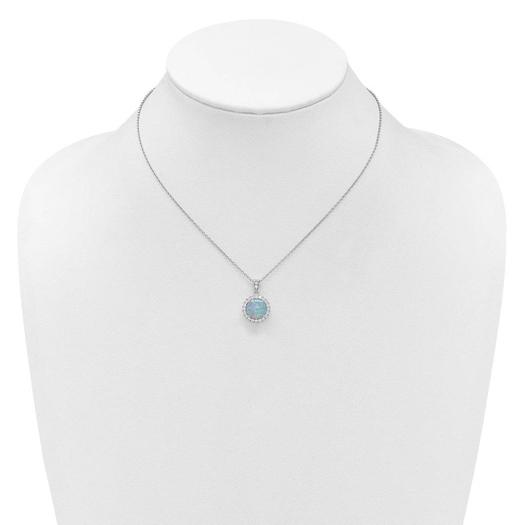Lab Created Opal and CZ Halo Circle Necklace Sterling Silver