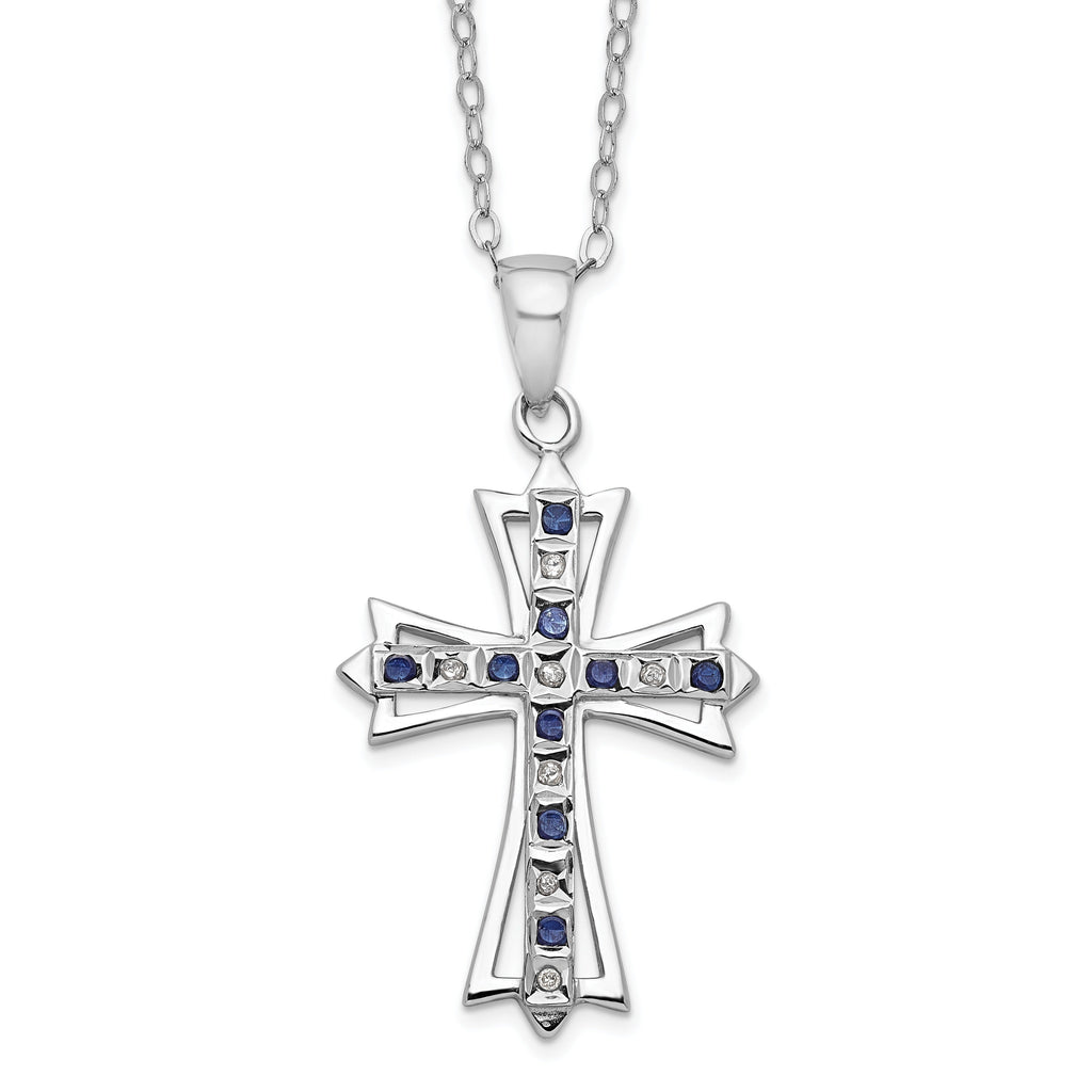 Sterling Silver Natural Diamond and Sapphire Cross Necklace