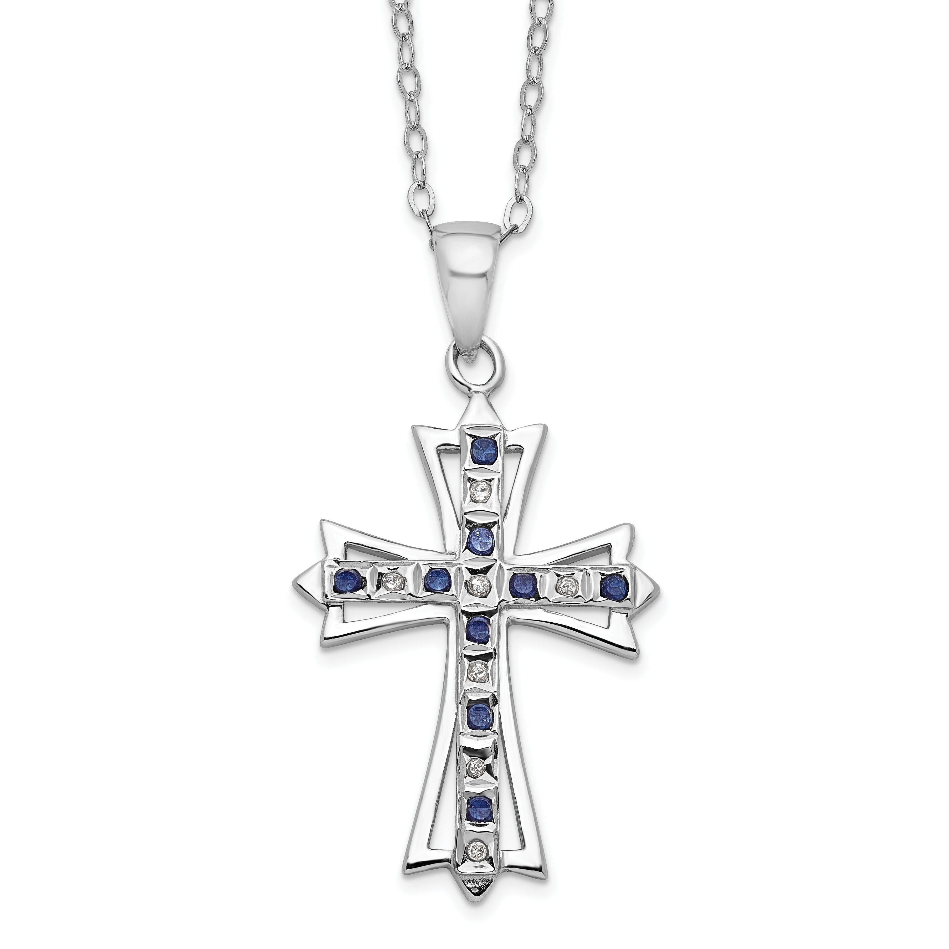 Sterling Silver Natural Diamond and Sapphire Cross Necklace