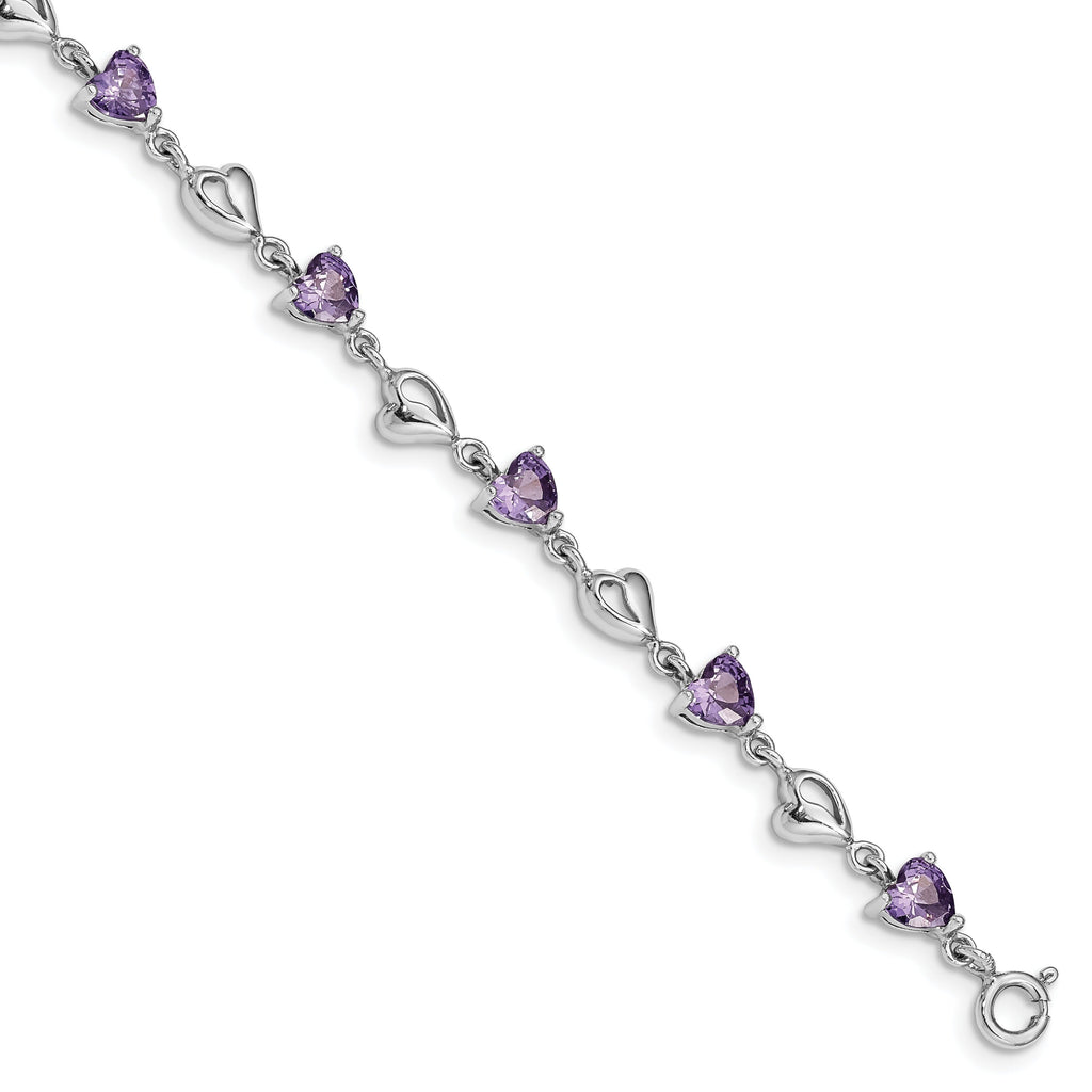 Sterling silver bracelet with heart-shaped purple gemstones and open heart links, FCJ Jewelry LLC