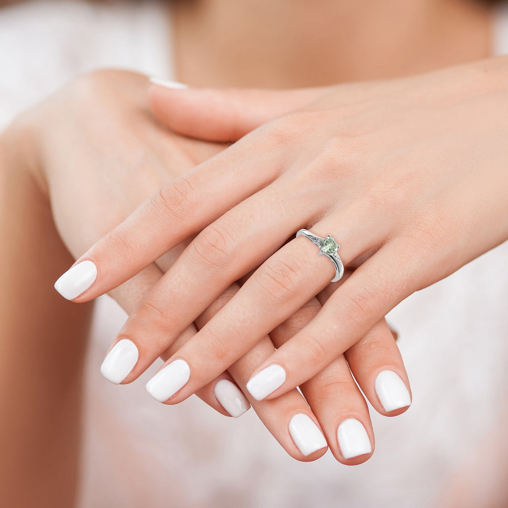 Silver Green Prasiolite Diamond Heart Ring