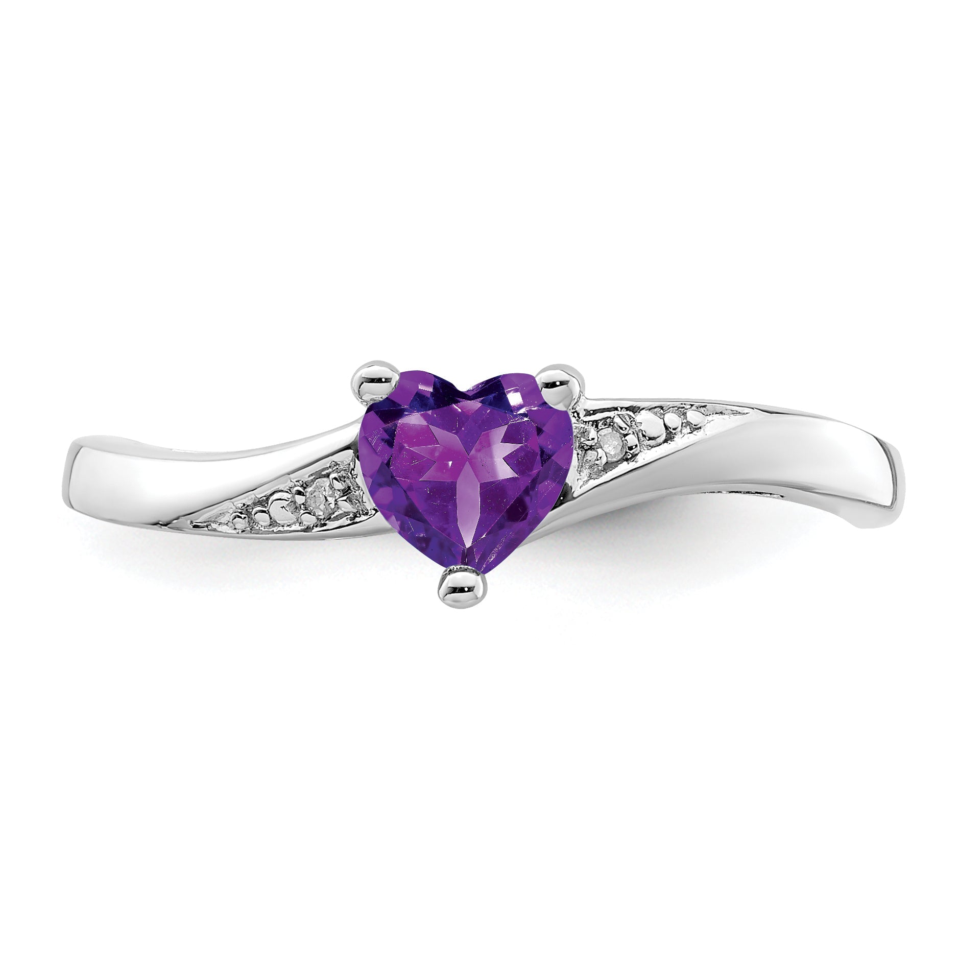 Heart-shaped amethyst gemstone ring with diamond accents in silver setting, FCJ Jewelry LLC USA