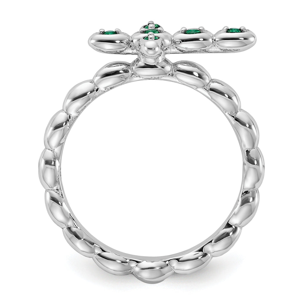 Silver Stackable Created Emerald Cross Ring