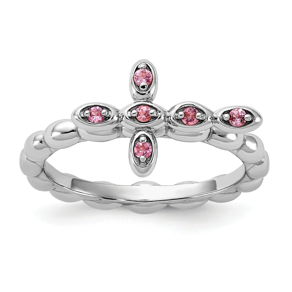Silver Stackable Natural Pink Tourmaline Cross Ring