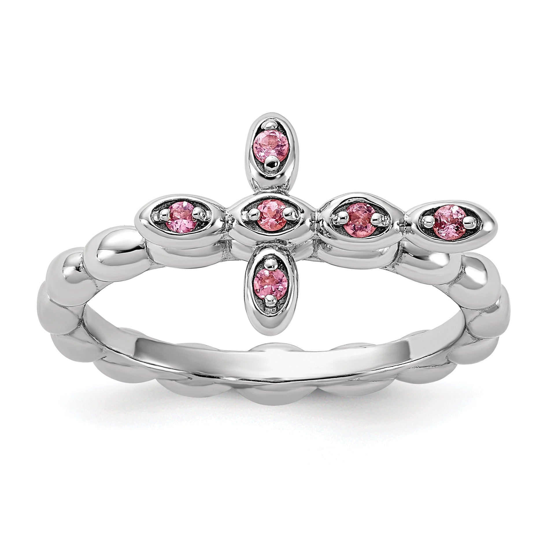 Silver Stackable Natural Pink Tourmaline Cross Ring