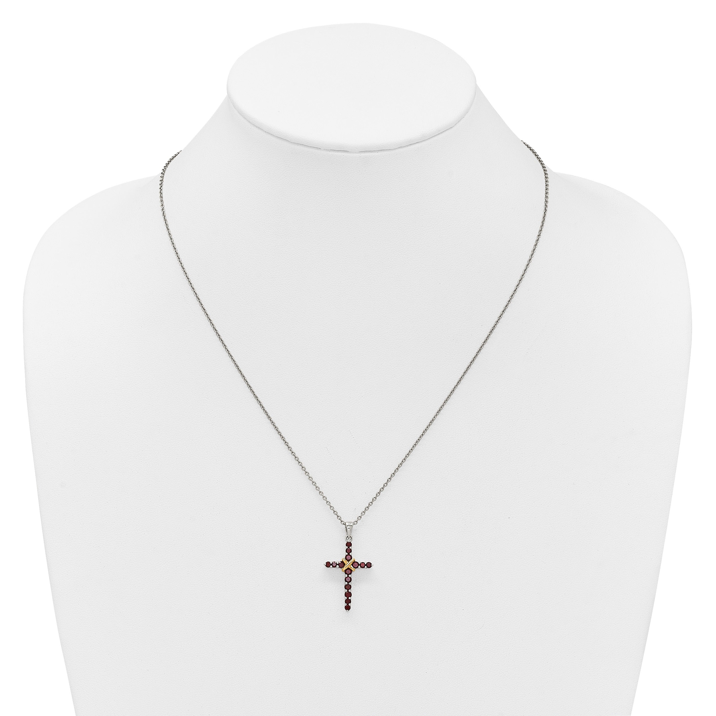 Silver 14k -X- Accent Natural Garnet Cross Necklace
