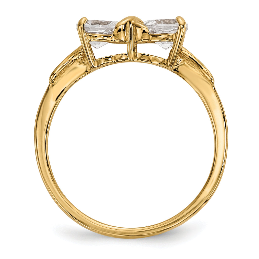 14k Yellow Gold Bow Dual Heart Birthstone Ring
