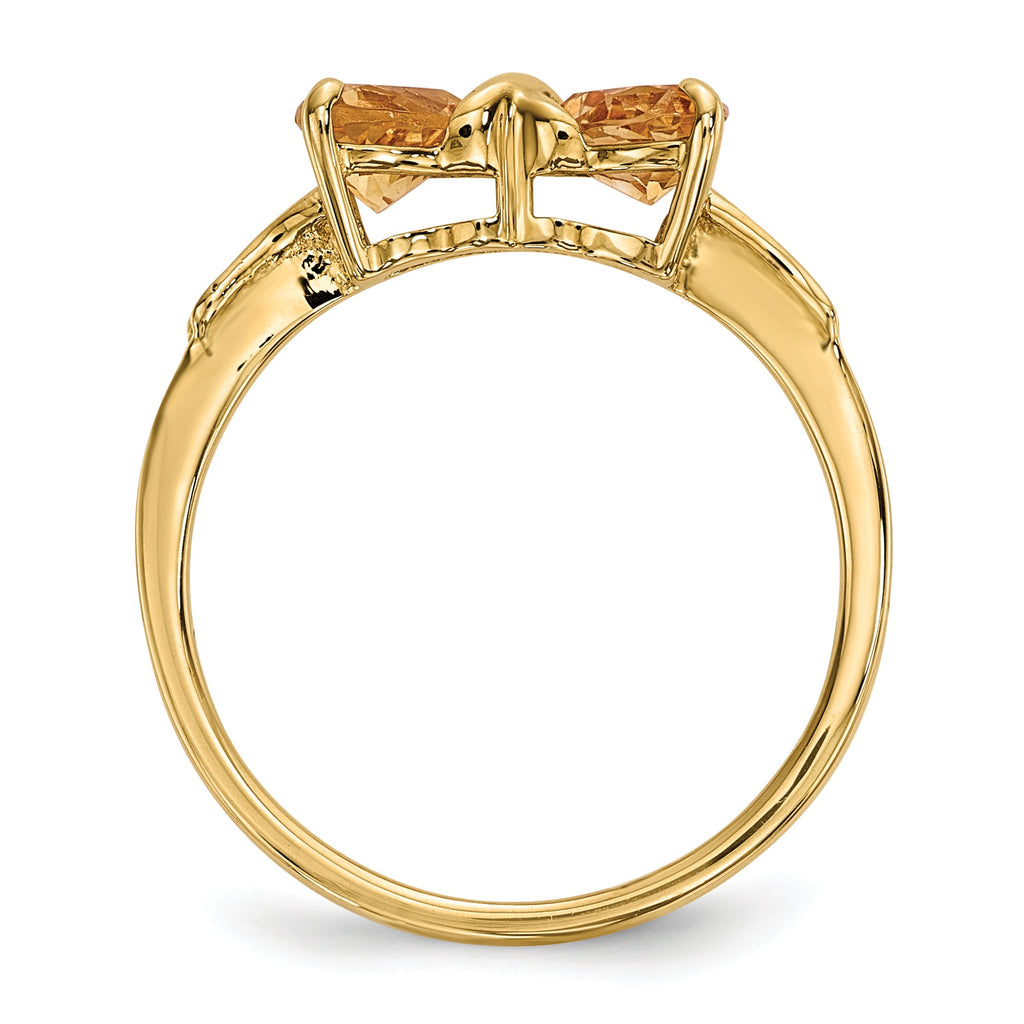 14k Yellow Gold Bow Dual Heart Birthstone Ring