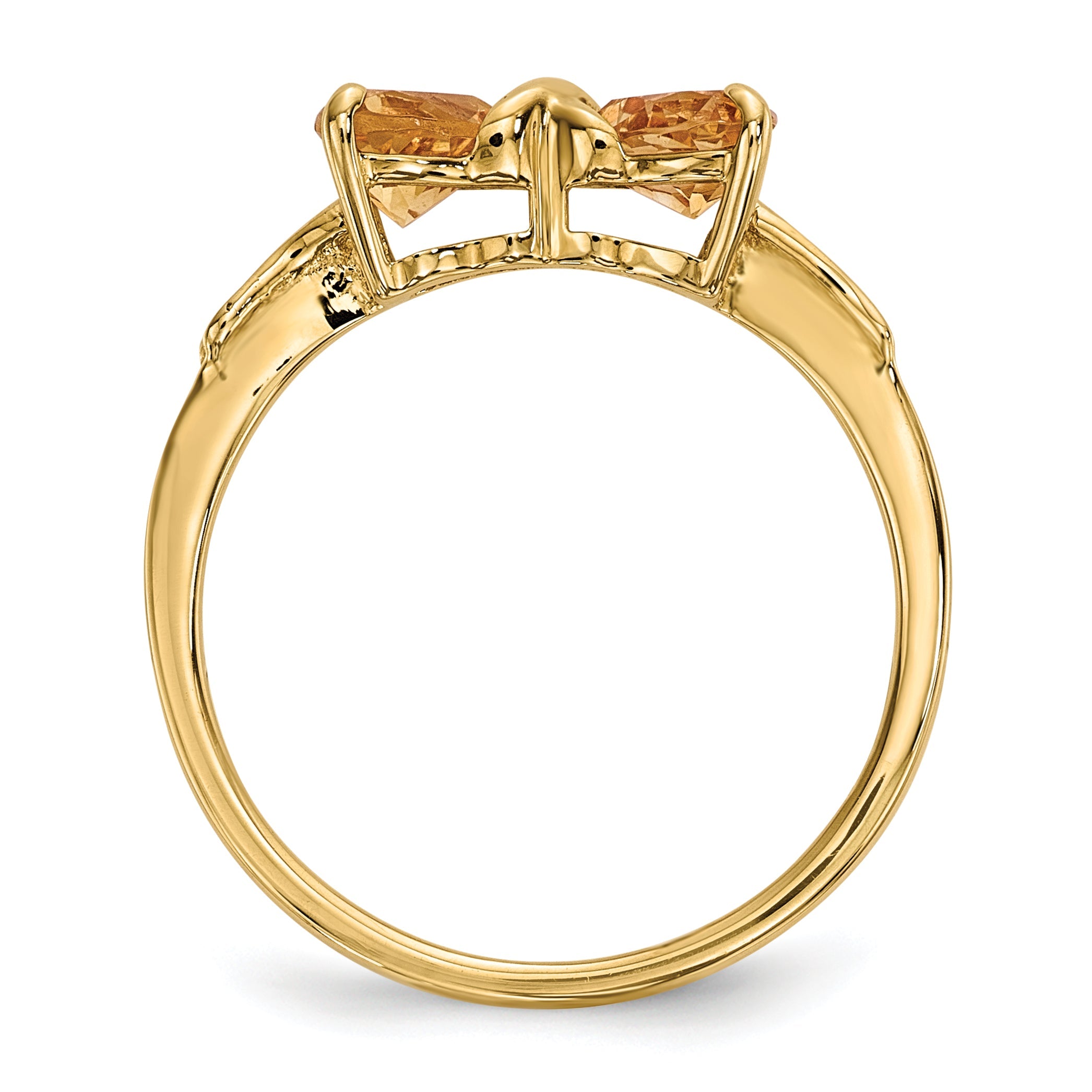 14k Yellow Gold Bow Dual Heart Birthstone Ring